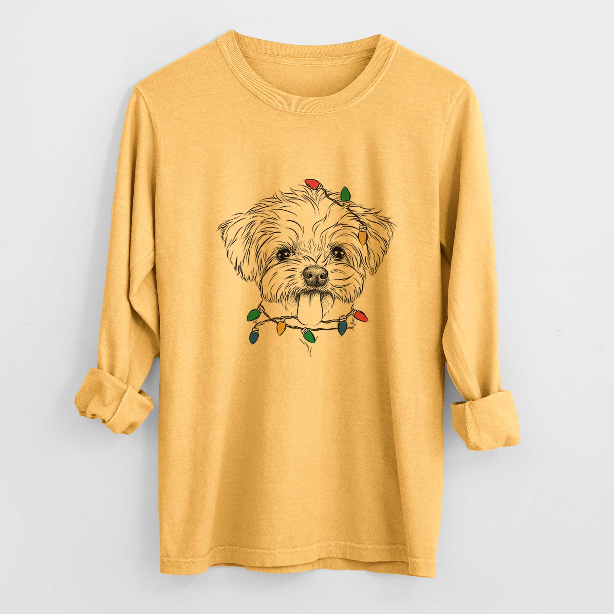 Christmas Lights Mochi the Maltese - Heavyweight 100% Cotton Long Sleeve