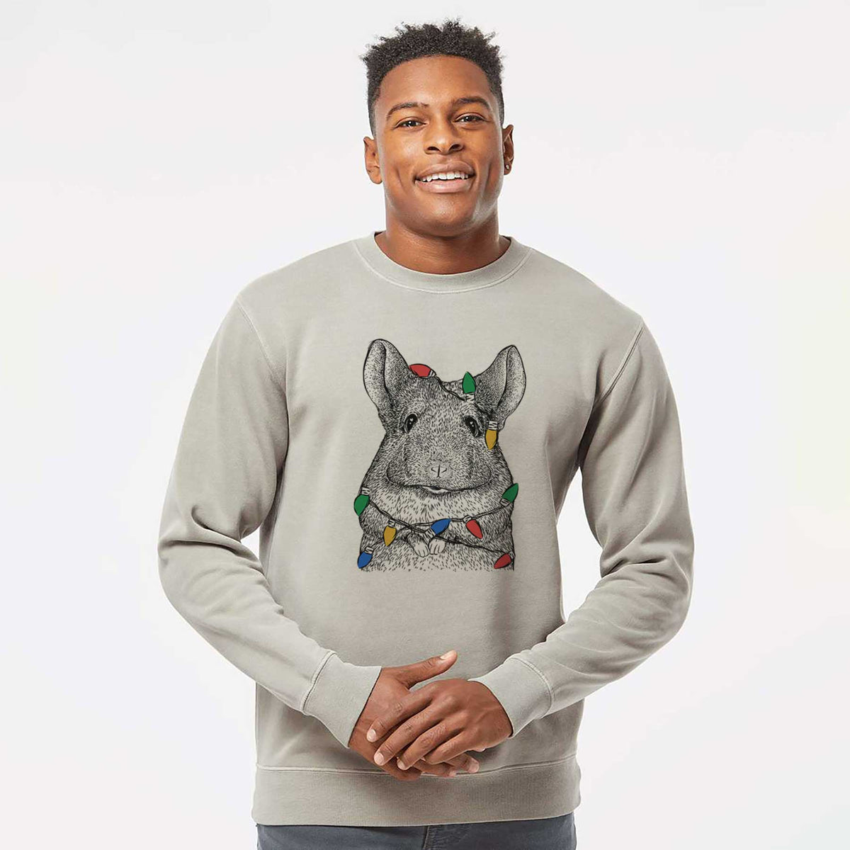 Christmas Lights Mojo the Chinchilla - Unisex Pigment Dyed Crew Sweatshirt