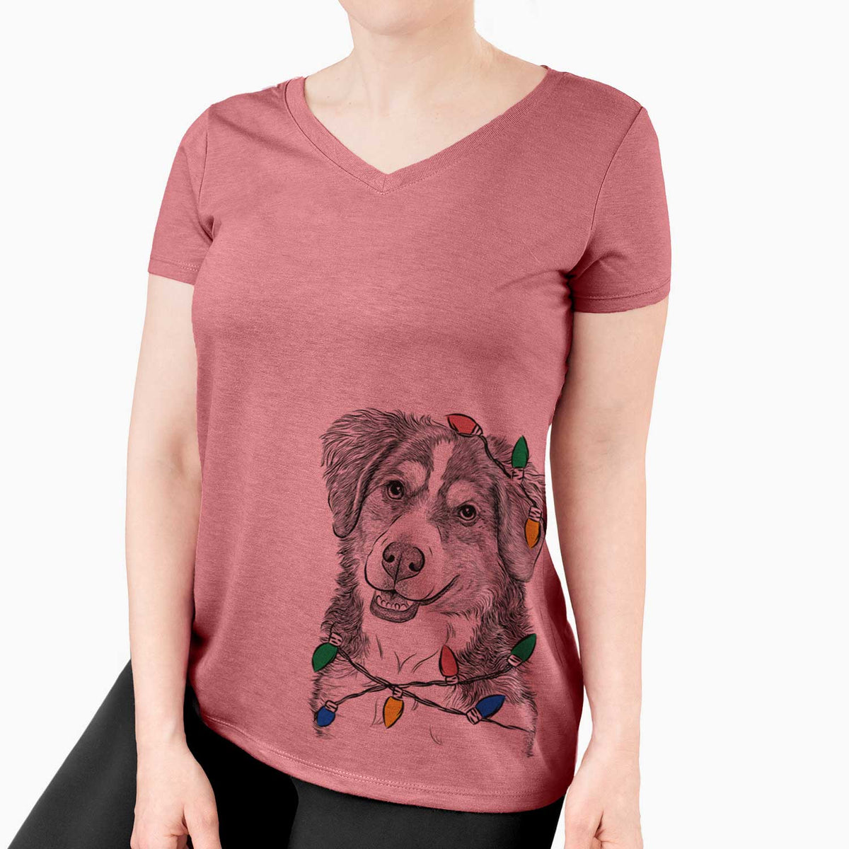 Christmas Lights Molly the Miniature Bernedoodle - Women's V-neck Shirt