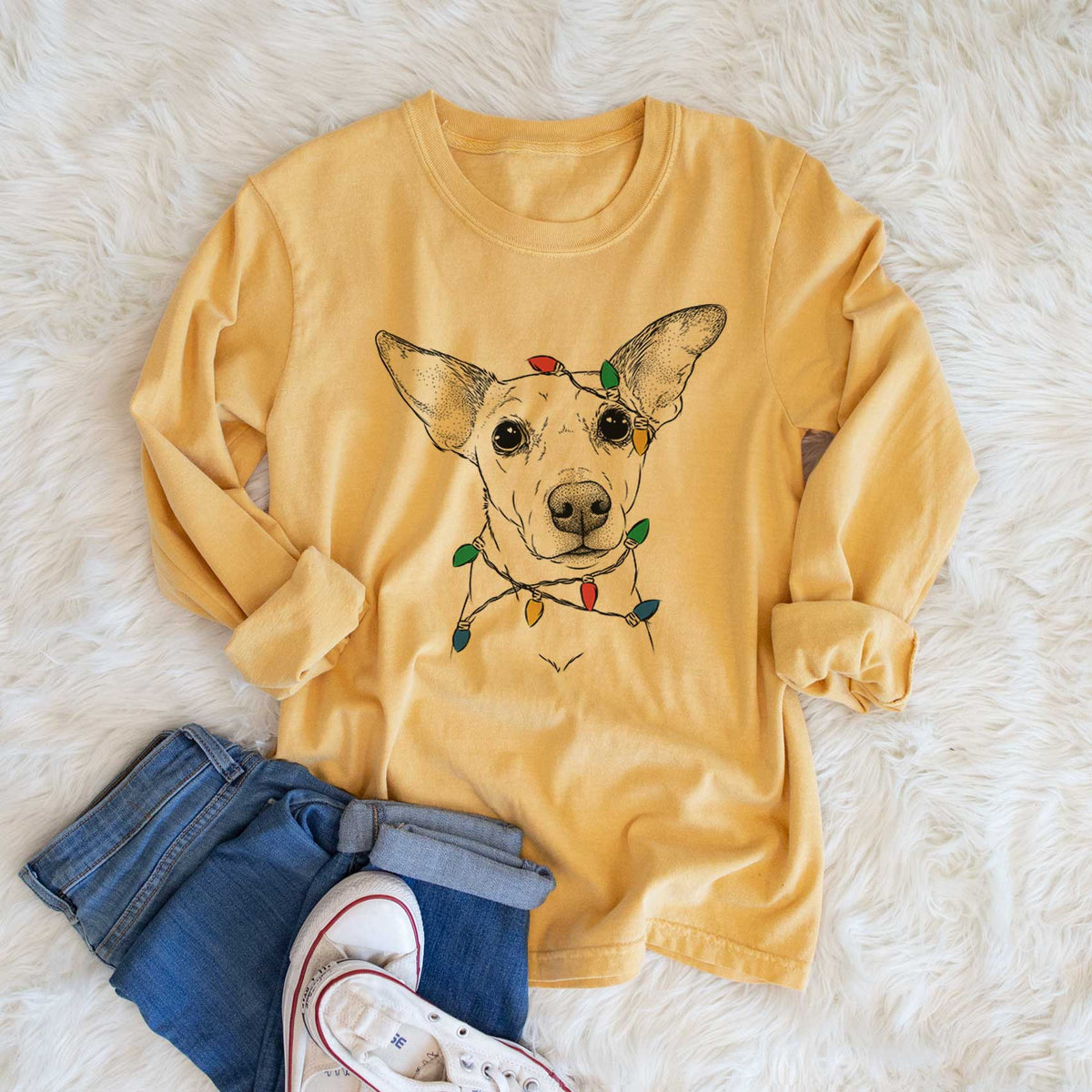 Christmas Lights Molly the Jack Russell Terrier - Heavyweight 100% Cotton Long Sleeve