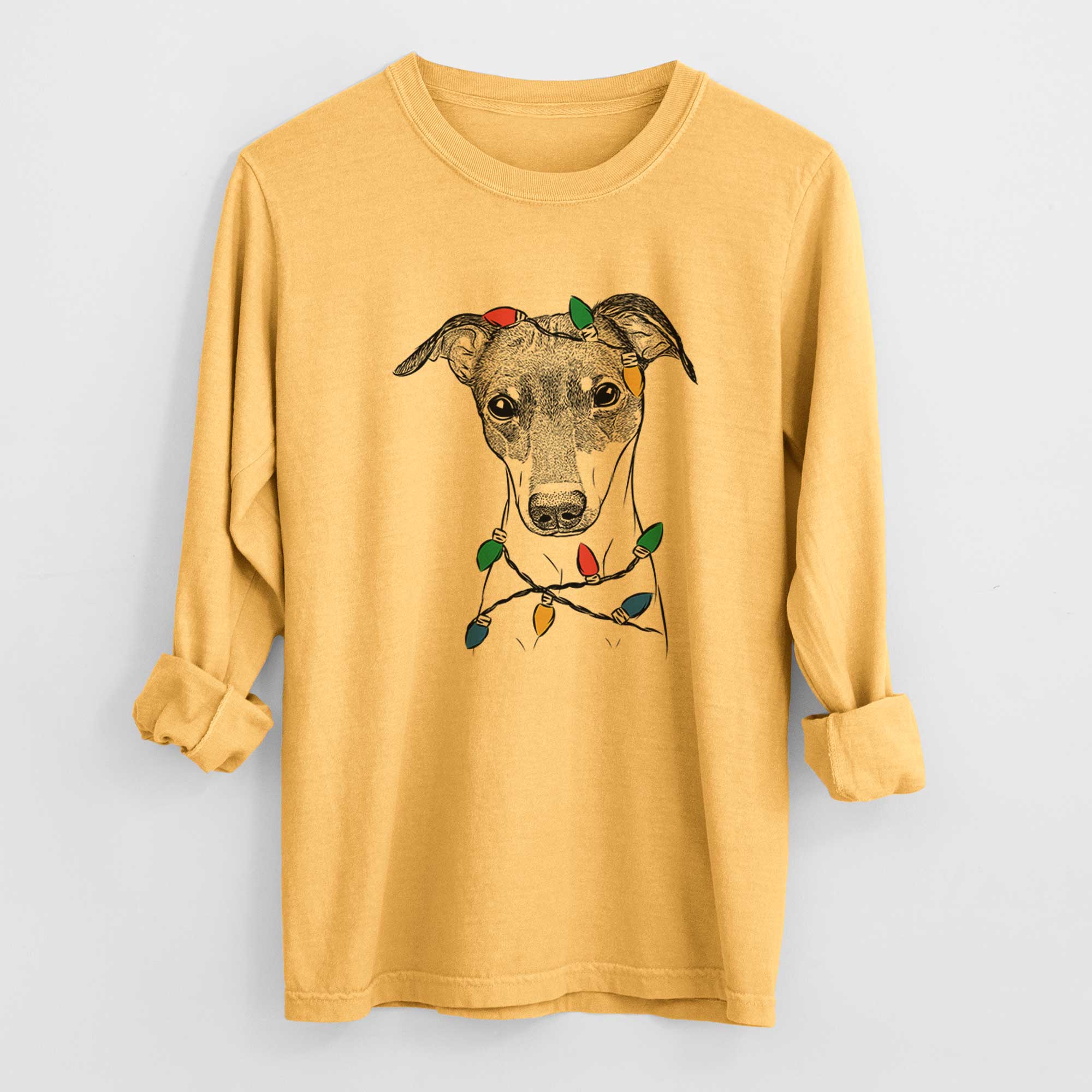 Christmas Lights Momo the Japanese Terrier - Heavyweight 100% Cotton Long Sleeve