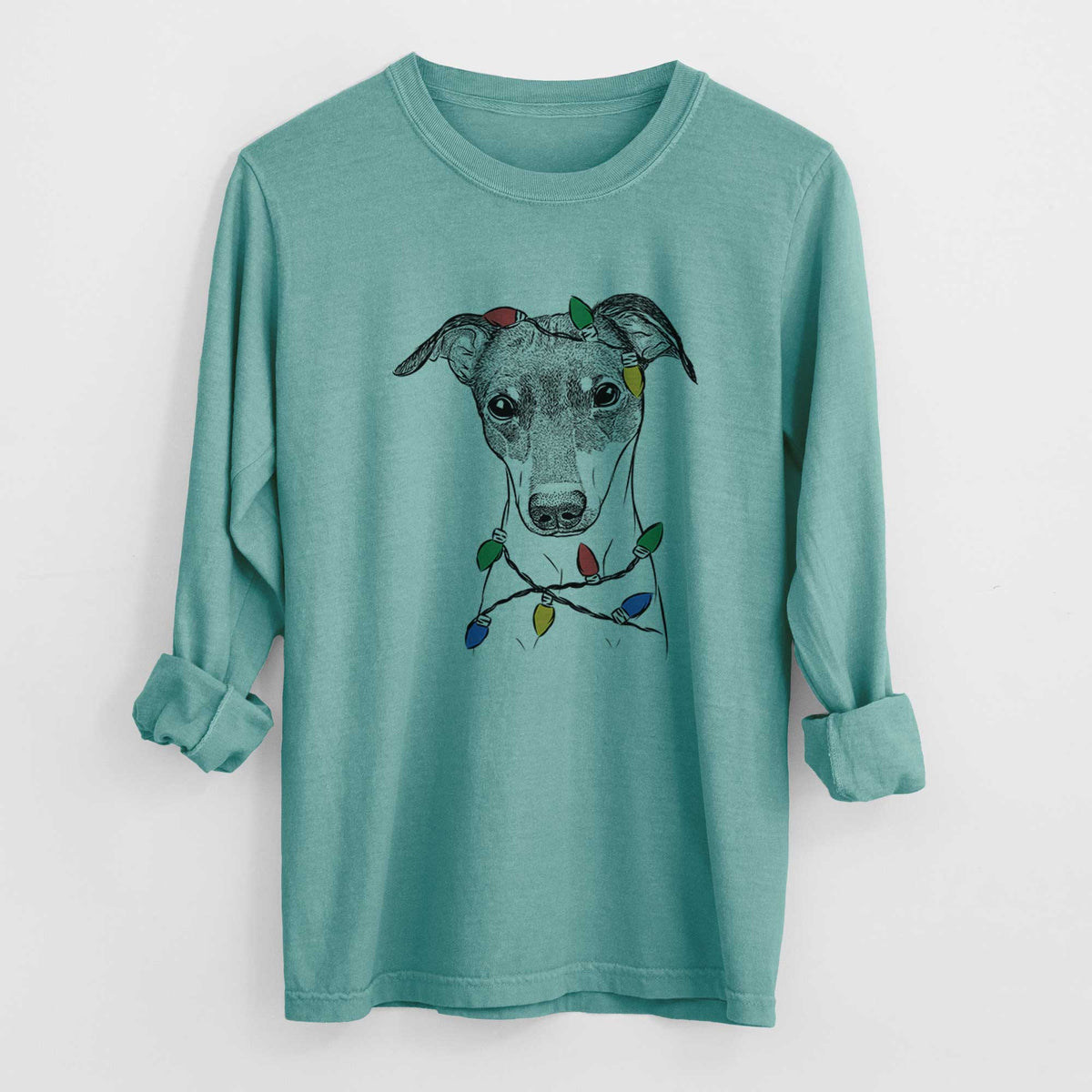 Christmas Lights Momo the Japanese Terrier - Heavyweight 100% Cotton Long Sleeve