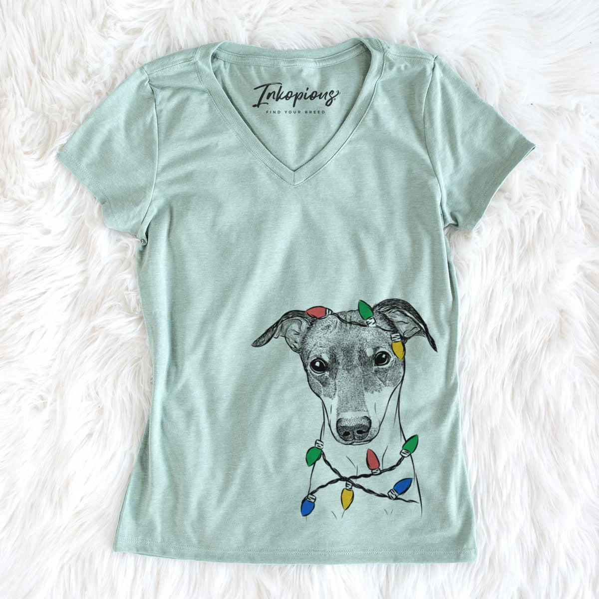 Christmas Lights Momo the Japanese Terrier - Women&#39;s V-neck Shirt