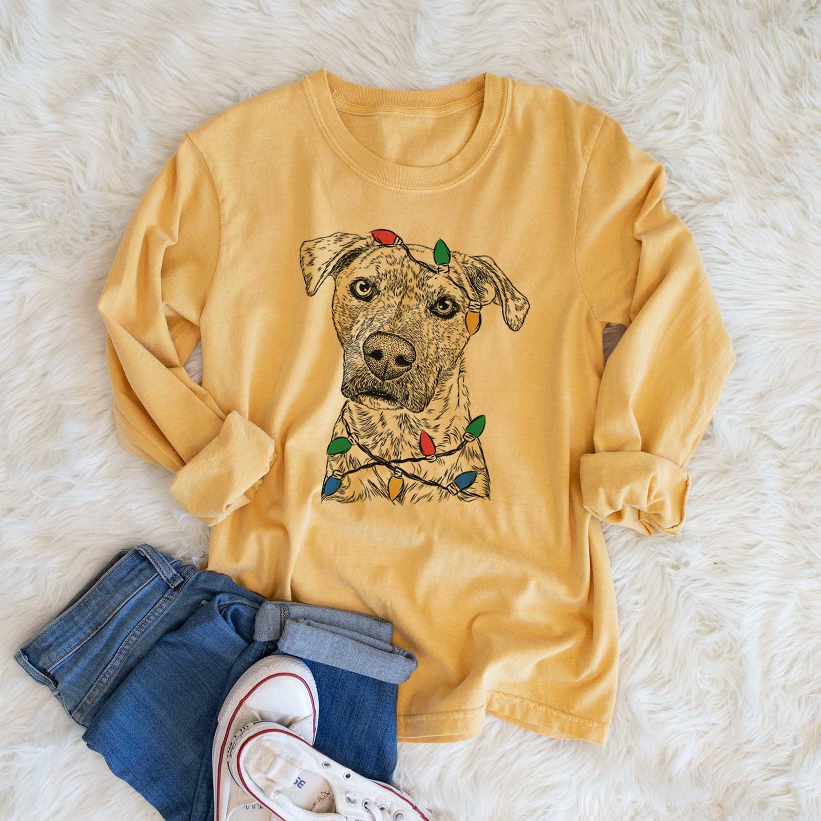 Christmas Lights Monster Baby the Pitbull Mix - Heavyweight 100% Cotton Long Sleeve