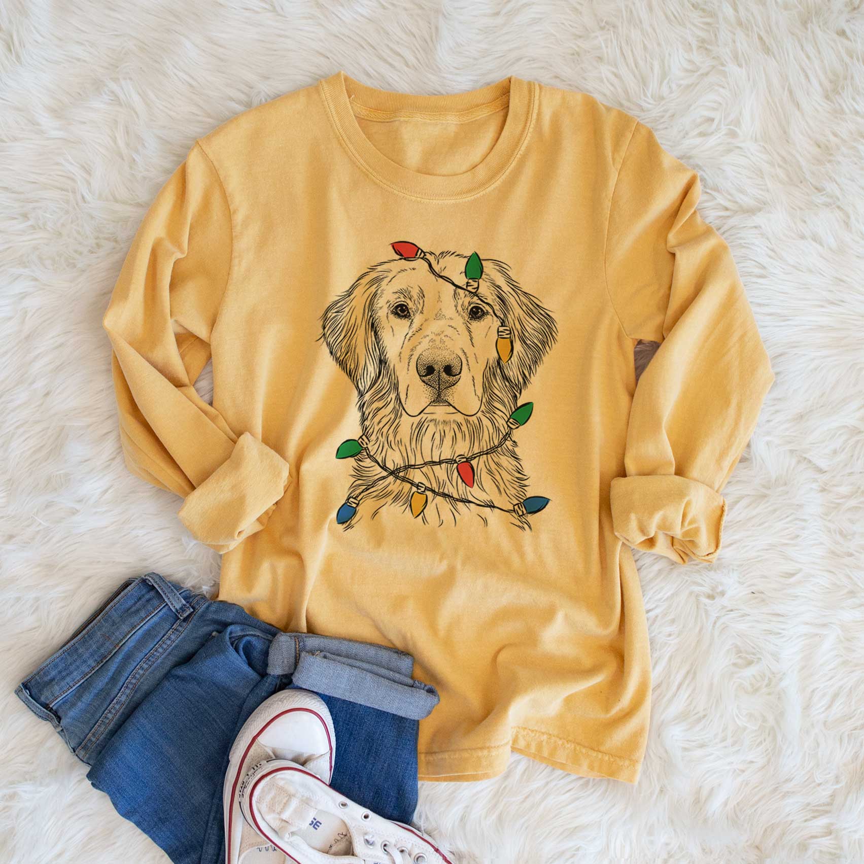 Christmas Lights Moose the Field Golden Retriever - Heavyweight 100% Cotton Long Sleeve