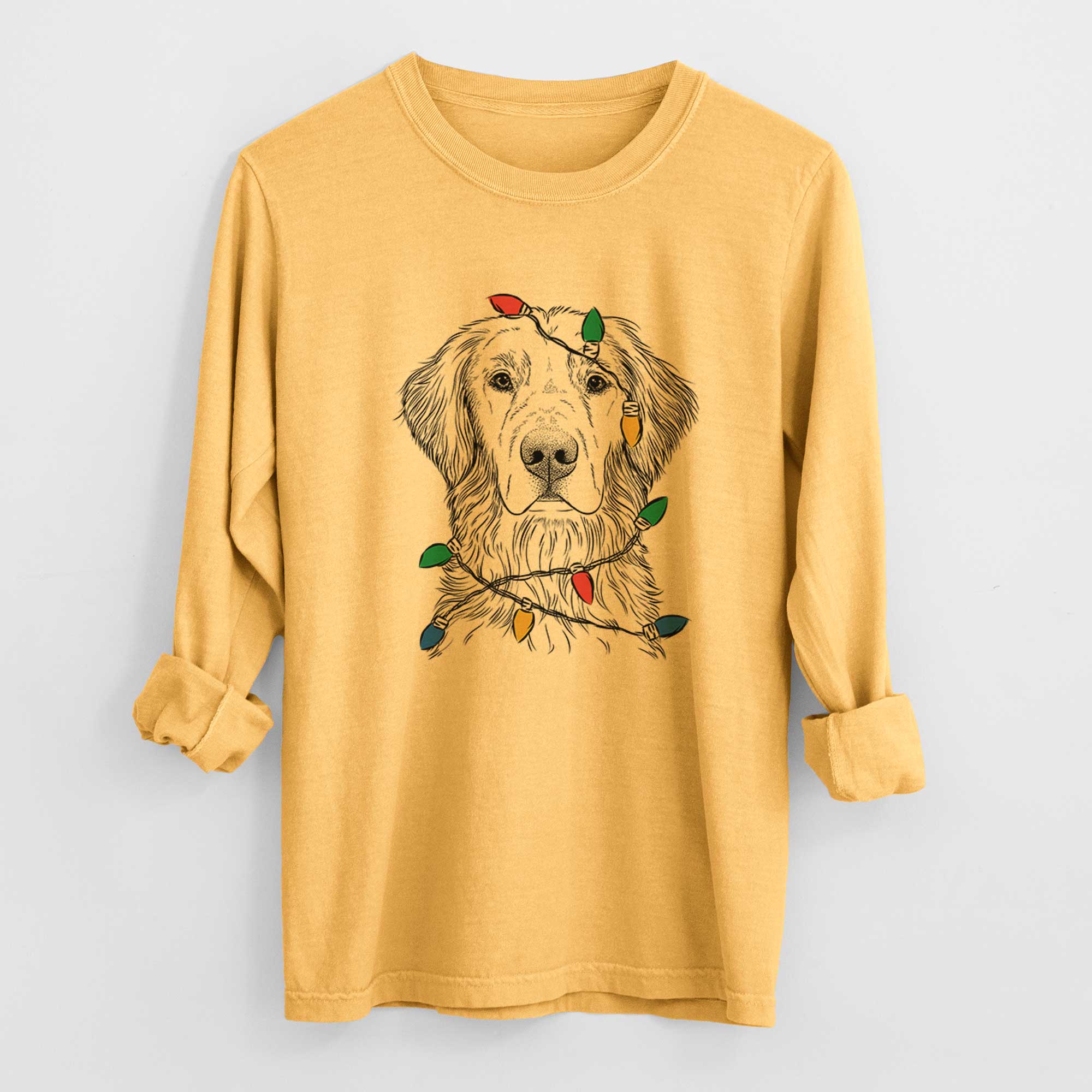 Christmas Lights Moose the Field Golden Retriever - Heavyweight 100% Cotton Long Sleeve