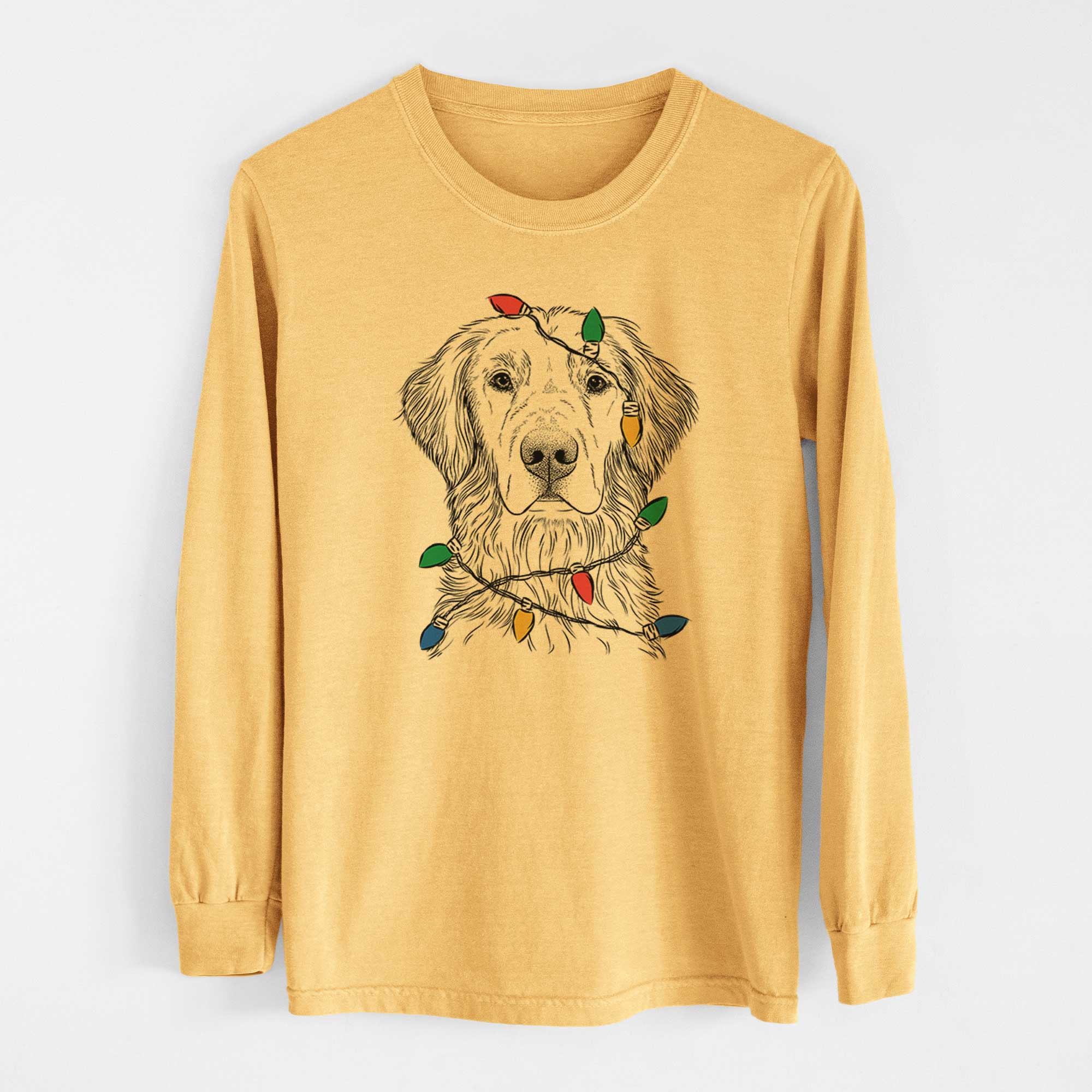 Christmas Lights Moose the Field Golden Retriever - Heavyweight 100% Cotton Long Sleeve