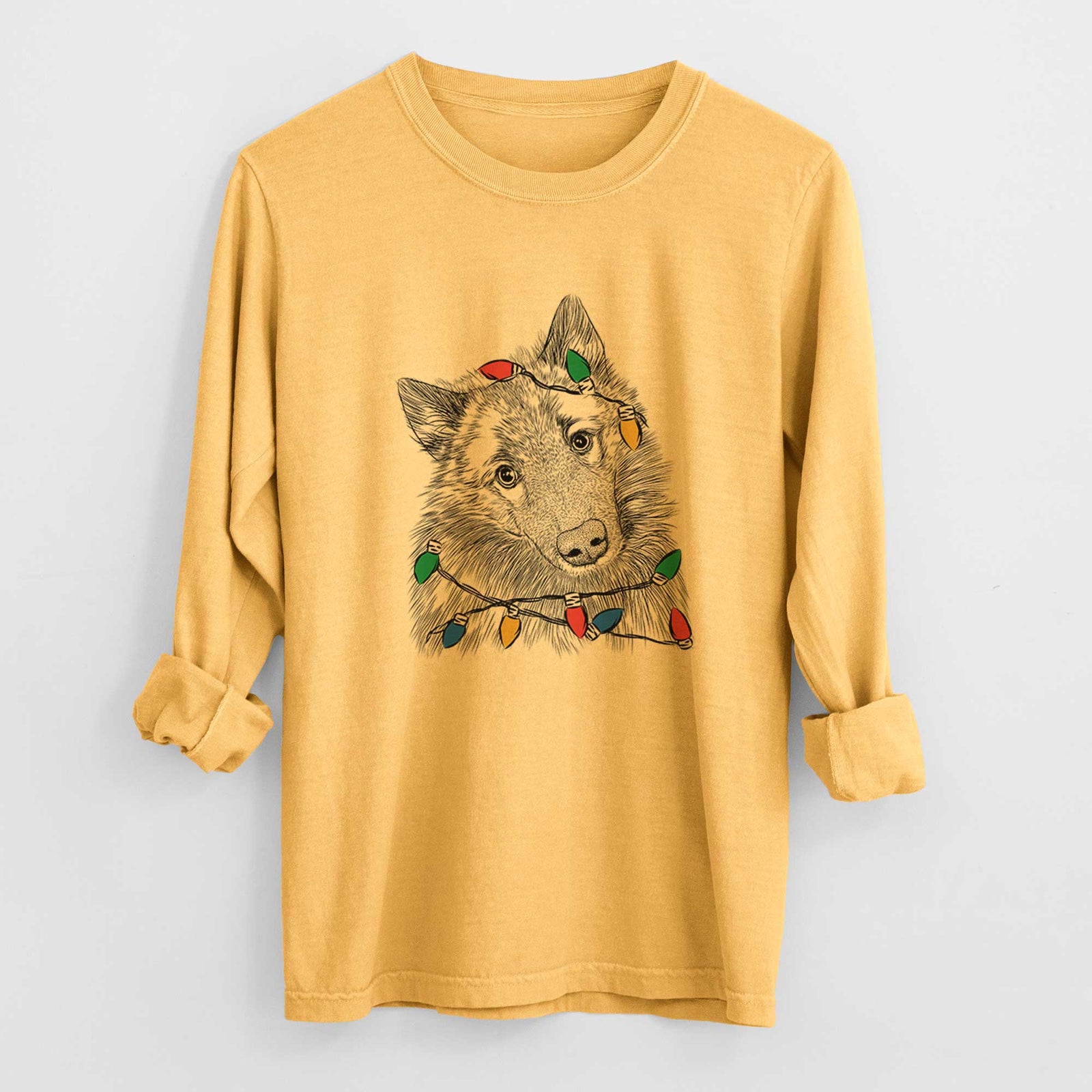 Christmas Lights Mr. Maverick the Keeshond - Heavyweight 100% Cotton Long Sleeve