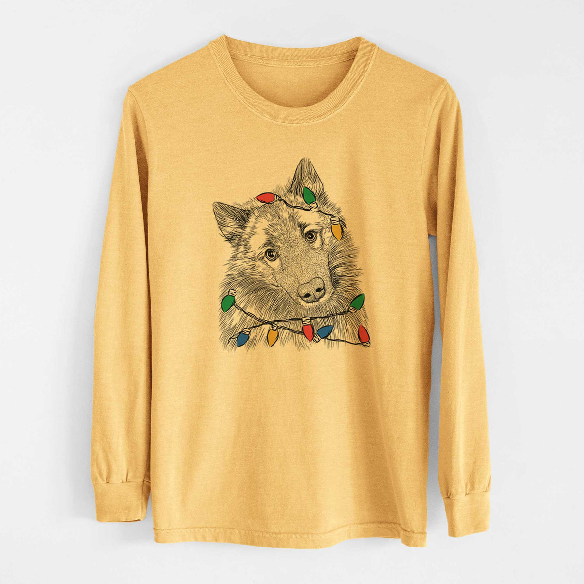 Christmas Lights Mr. Maverick the Keeshond - Heavyweight 100% Cotton Long Sleeve