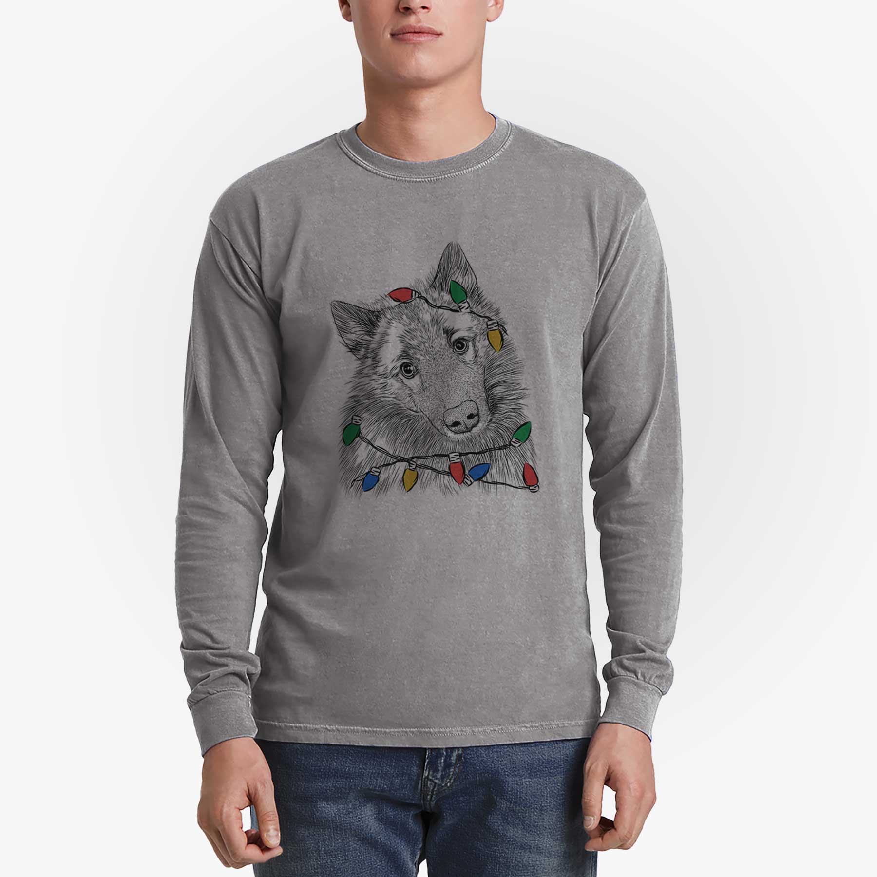 Christmas Lights Mr. Maverick the Keeshond - Heavyweight 100% Cotton Long Sleeve