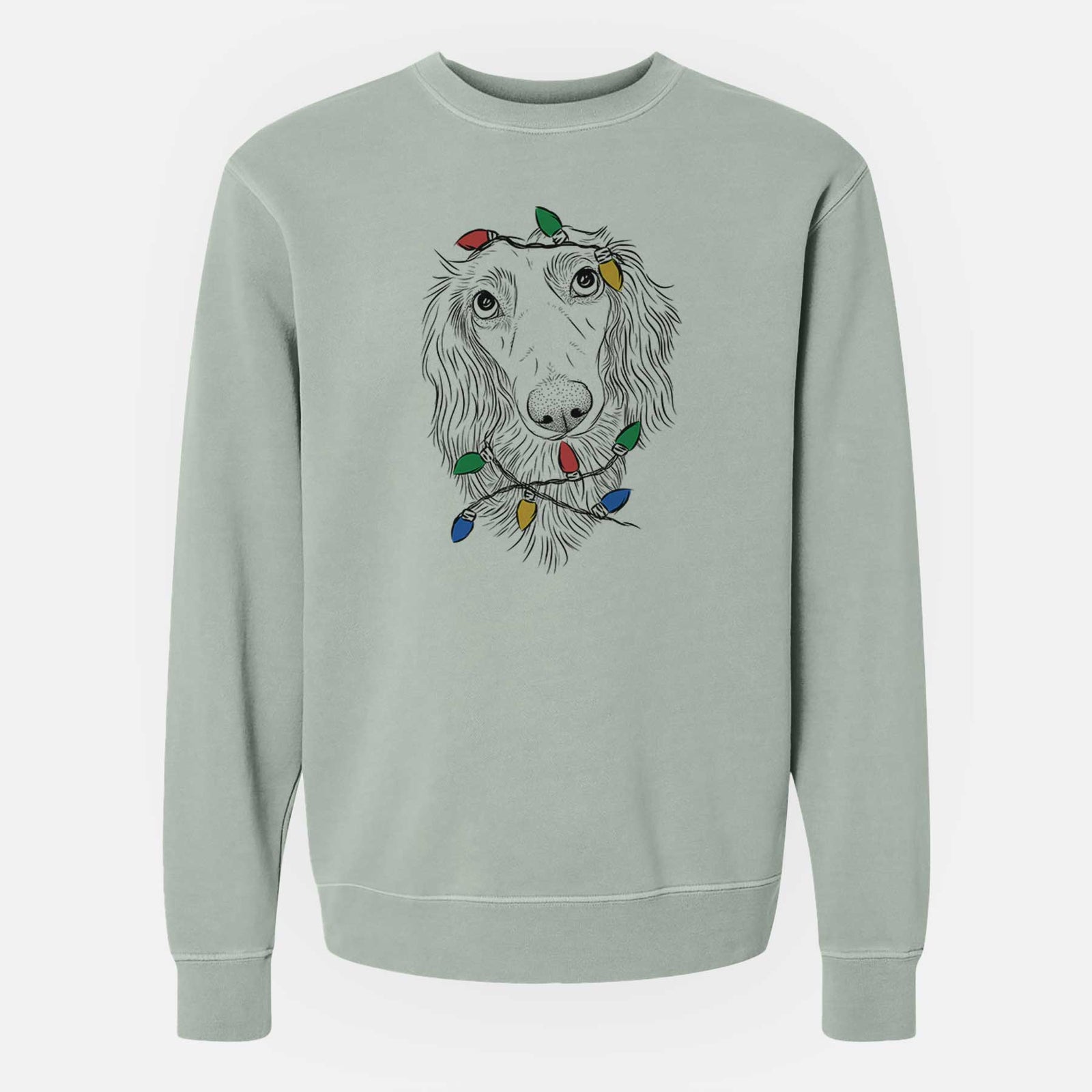 Christmas Lights Mr. Rusty the Long Haired Dachshund - Unisex Pigment Dyed Crew Sweatshirt