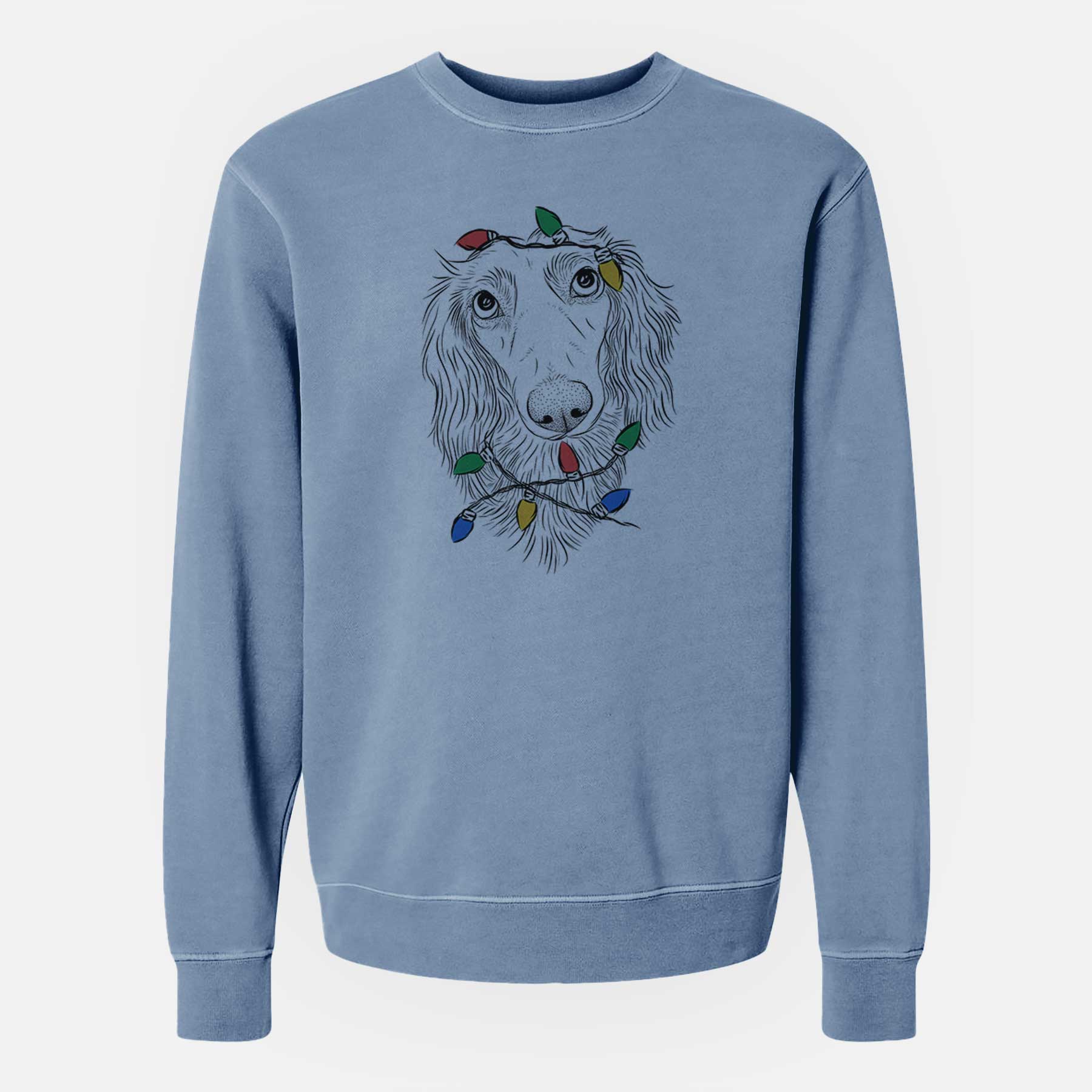 Christmas Lights Mr. Rusty the Long Haired Dachshund - Unisex Pigment Dyed Crew Sweatshirt