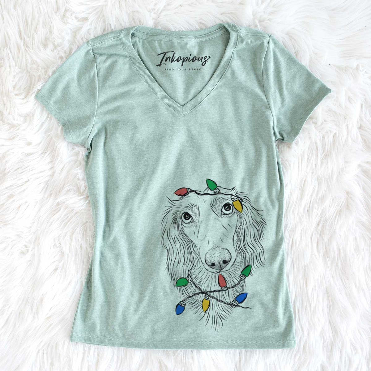 Christmas Lights Mr. Rusty the Long Haired Dachshund - Women&#39;s V-neck Shirt