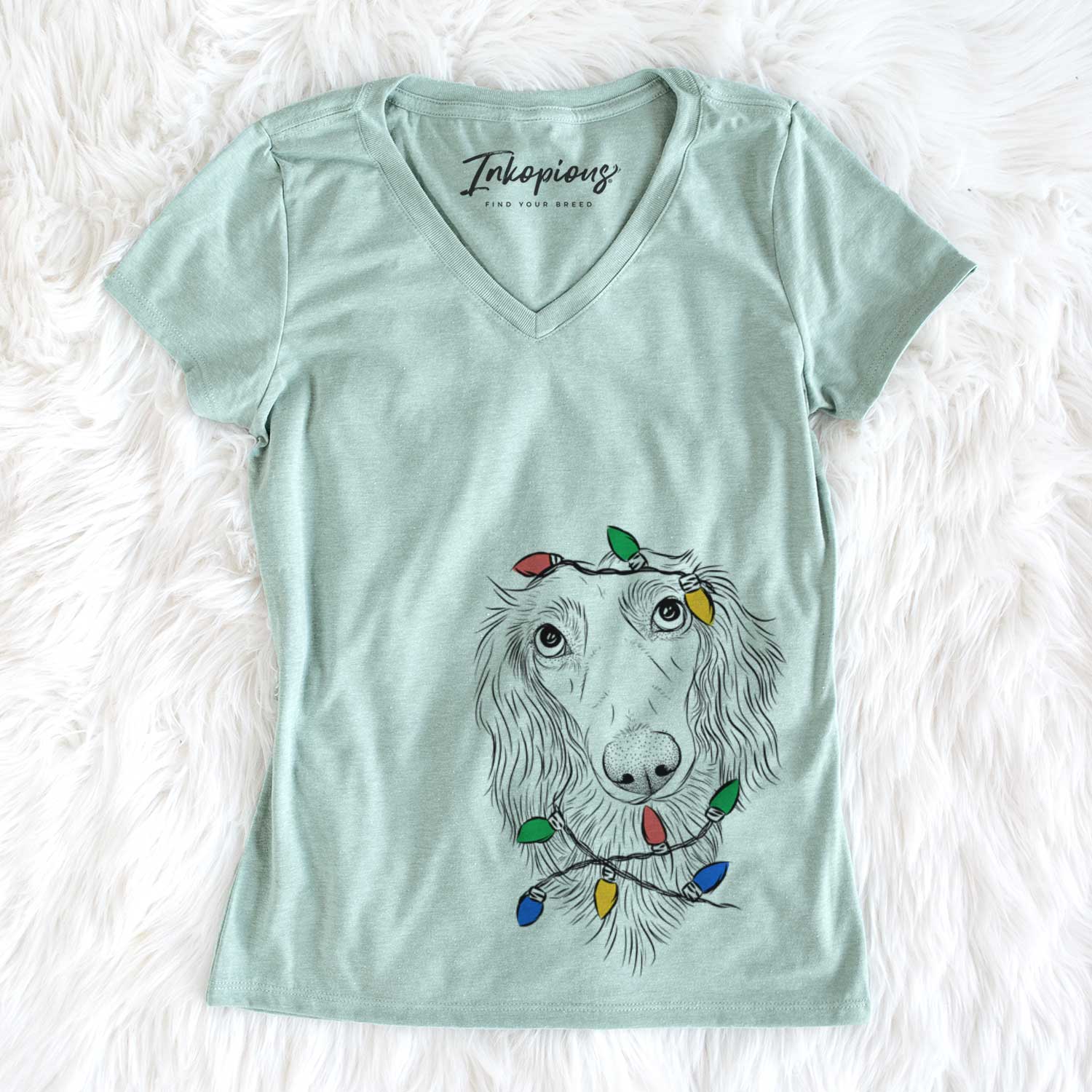 Christmas Lights Mr. Rusty the Long Haired Dachshund - Women's V-neck Shirt