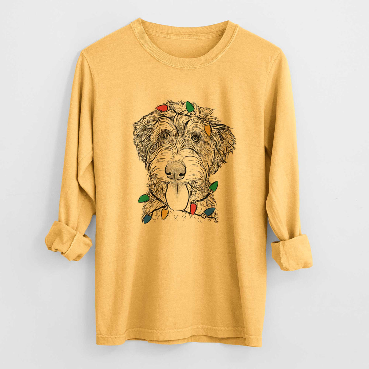 Christmas Lights Myrtle Mae the Aussiedoodle - Heavyweight 100% Cotton Long Sleeve
