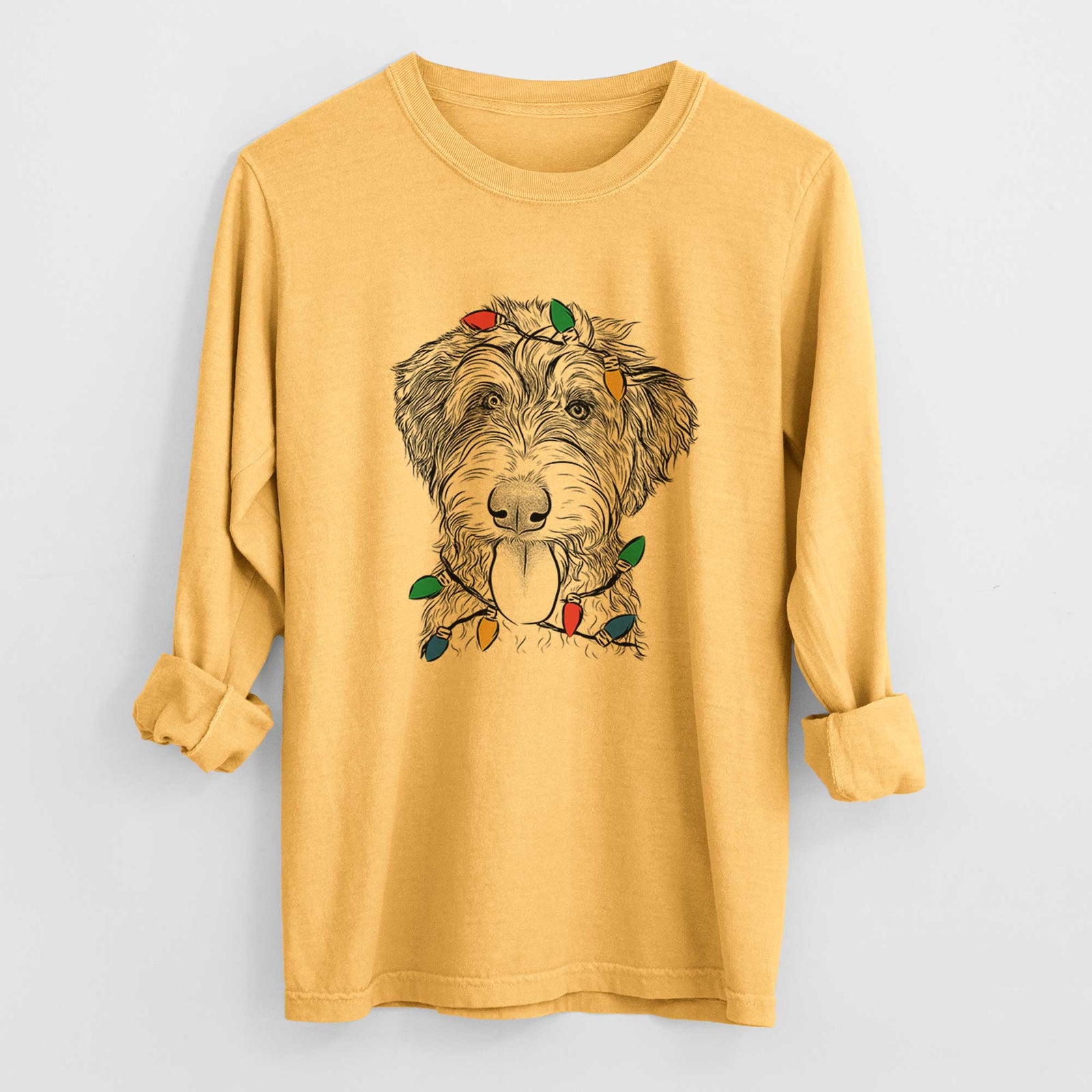 Christmas Lights Myrtle Mae the Aussiedoodle - Heavyweight 100% Cotton Long Sleeve