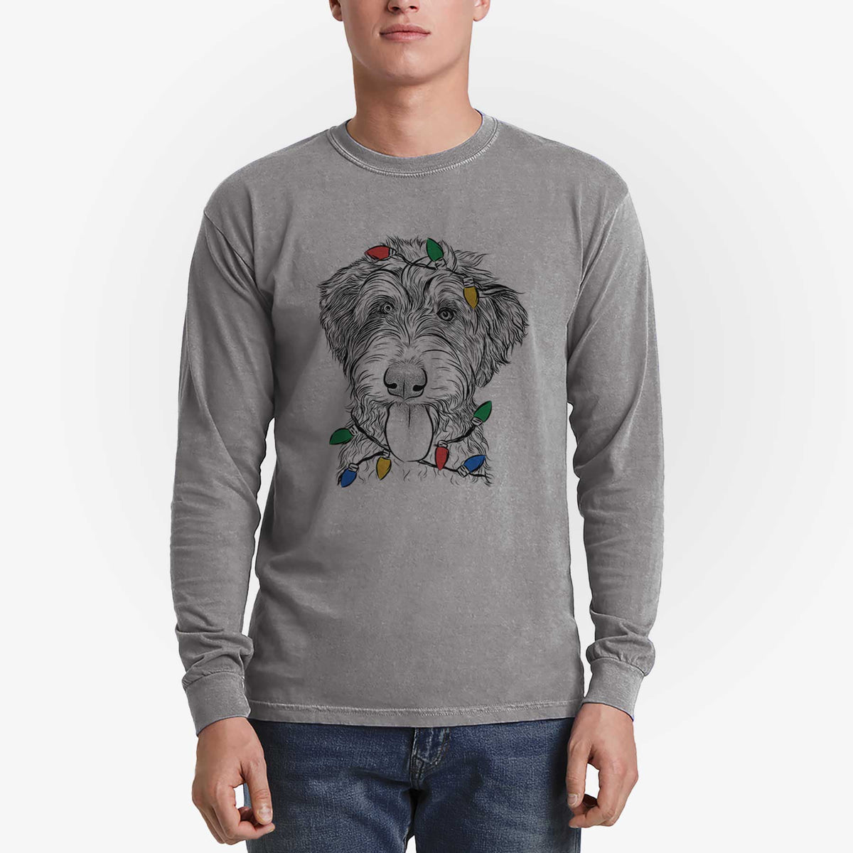 Christmas Lights Myrtle Mae the Aussiedoodle - Heavyweight 100% Cotton Long Sleeve
