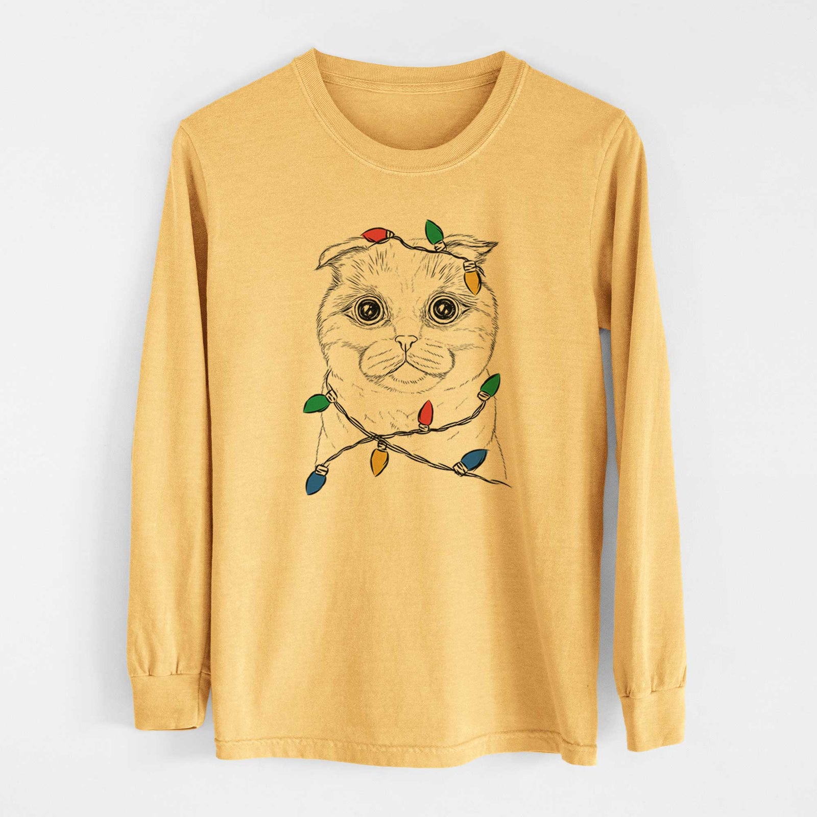 Christmas Lights Neko the Scottish Fold Cat - Heavyweight 100% Cotton Long Sleeve