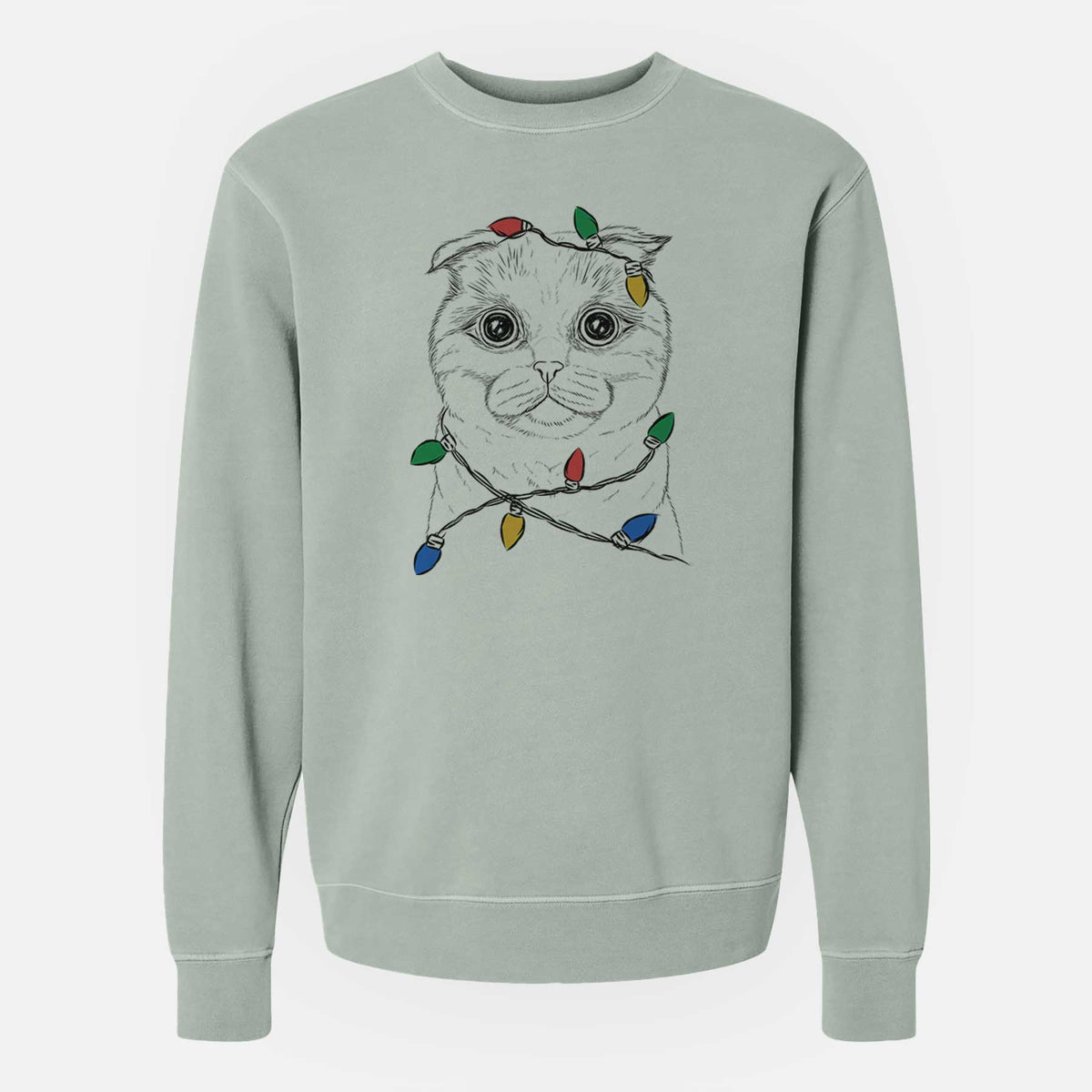 Christmas Lights Neko the Scottish Fold Cat - Unisex Pigment Dyed Crew Sweatshirt