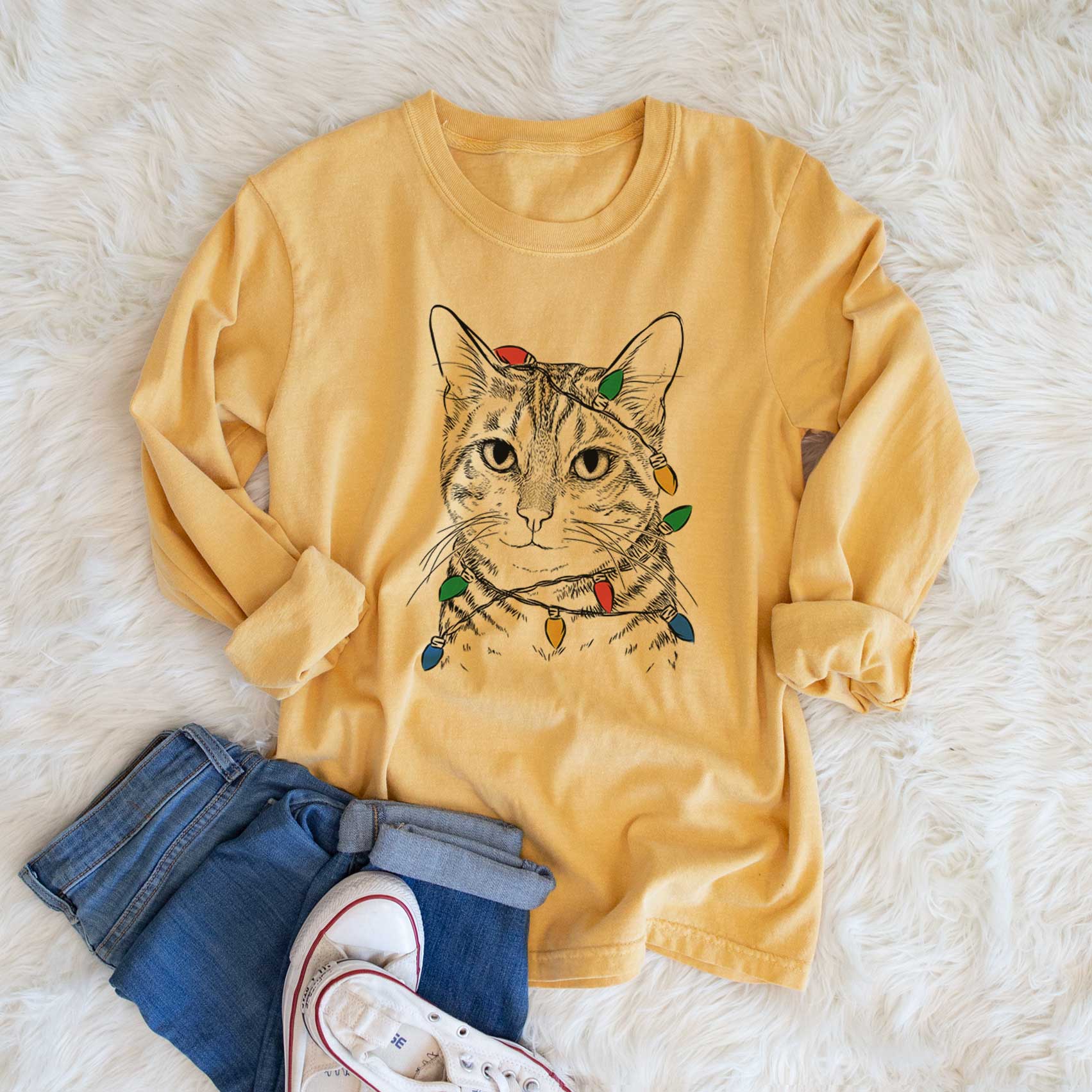 Christmas Lights Nell the Tabby Cat - Heavyweight 100% Cotton Long Sleeve