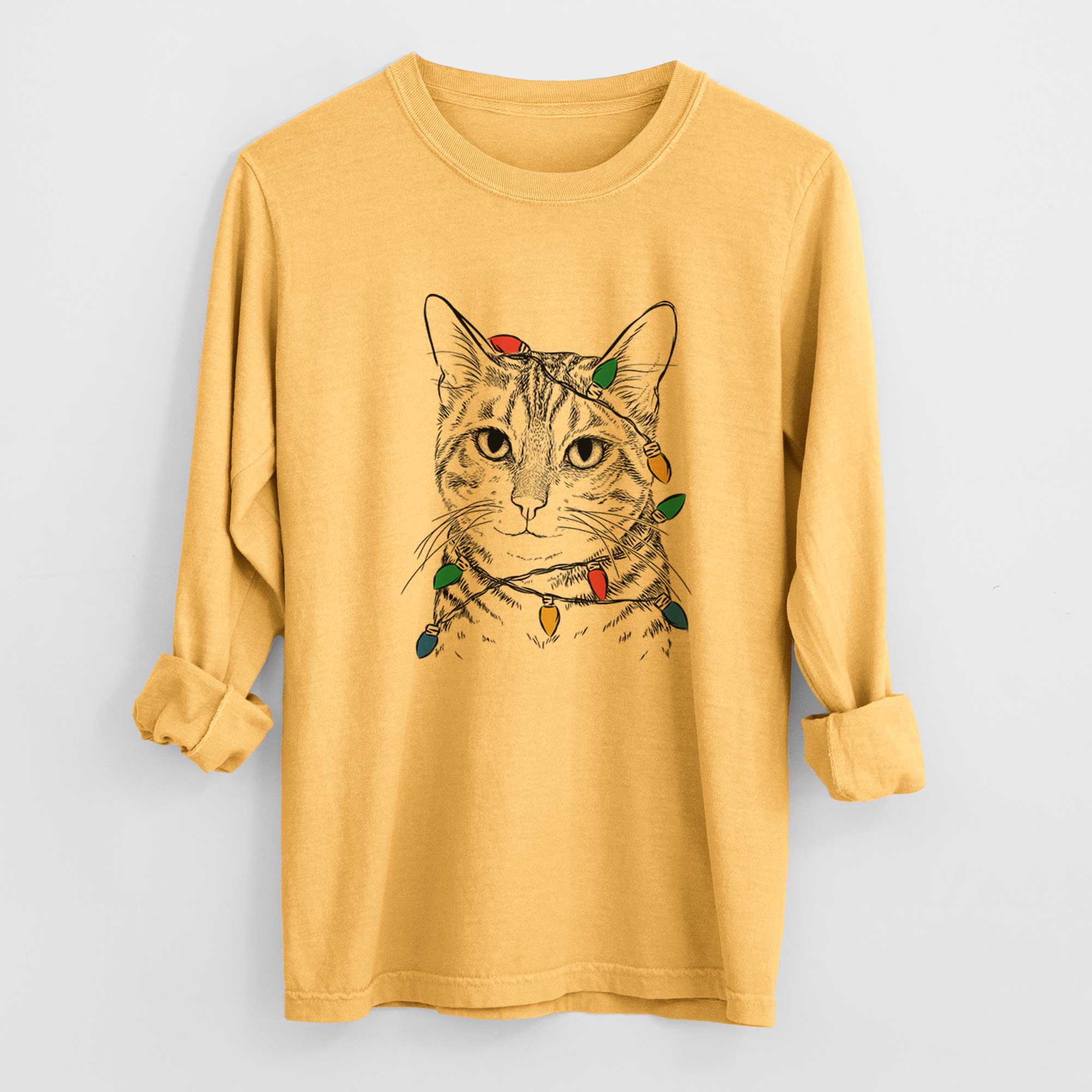 Christmas Lights Nell the Tabby Cat - Heavyweight 100% Cotton Long Sleeve