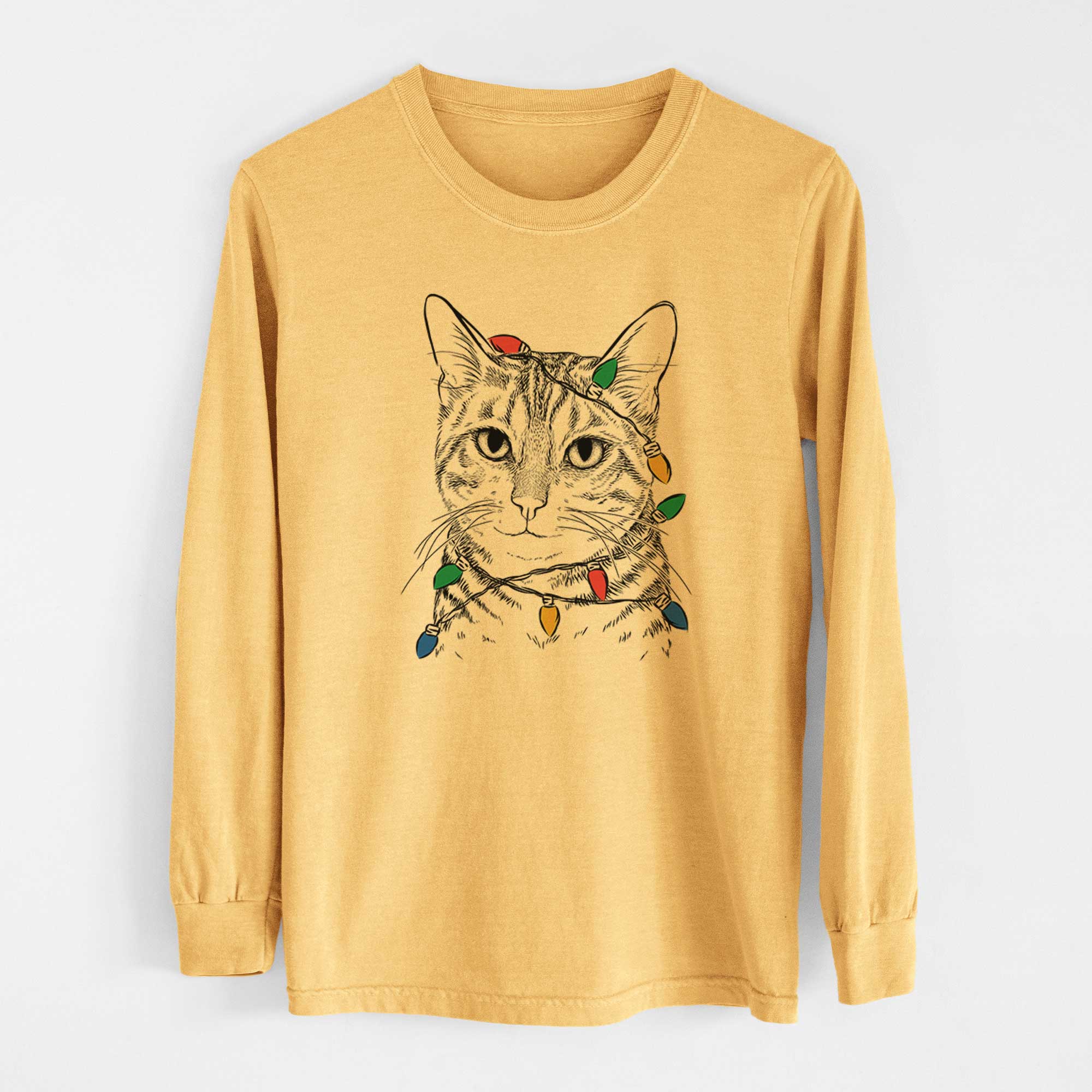 Christmas Lights Nell the Tabby Cat - Heavyweight 100% Cotton Long Sleeve