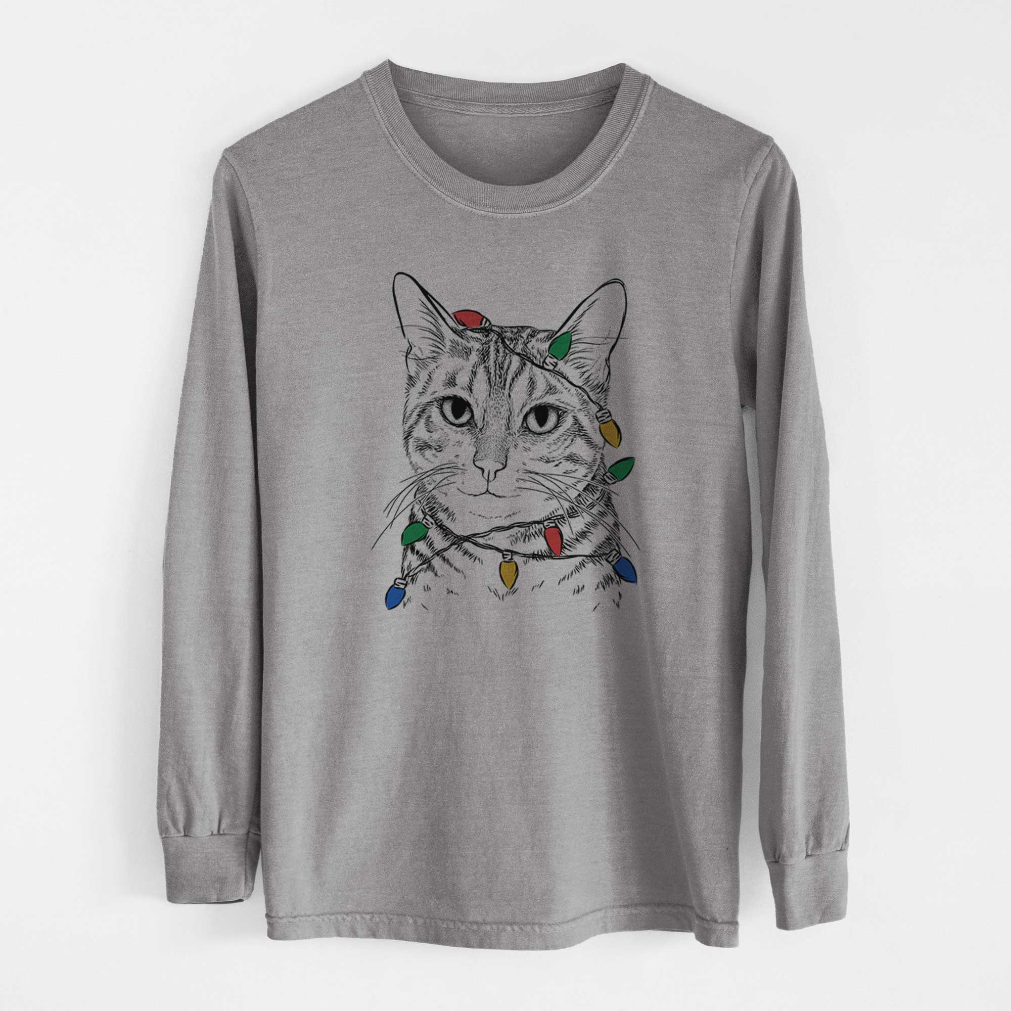 Christmas Lights Nell the Tabby Cat - Heavyweight 100% Cotton Long Sleeve