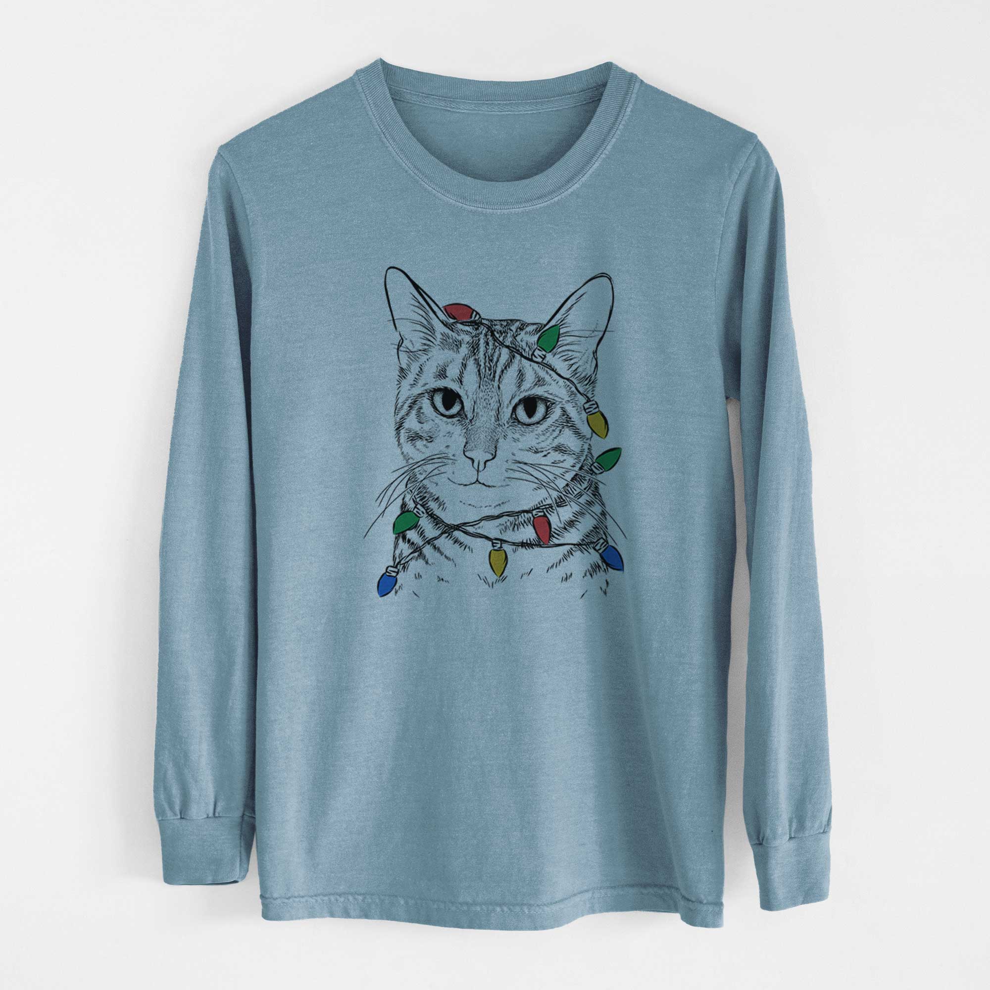 Christmas Lights Nell the Tabby Cat - Heavyweight 100% Cotton Long Sleeve