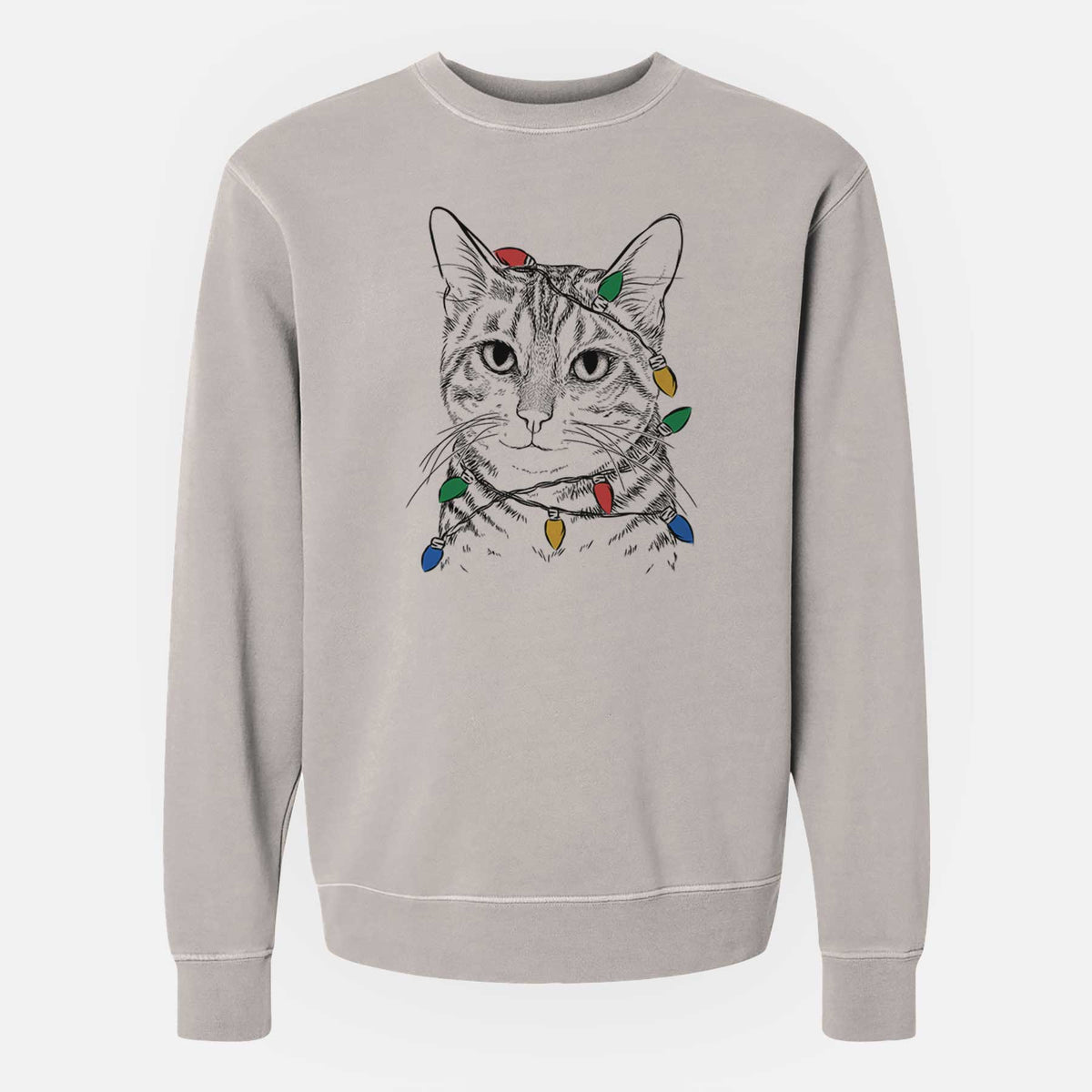 Christmas Lights Nell the Tabby Cat - Unisex Pigment Dyed Crew Sweatshirt