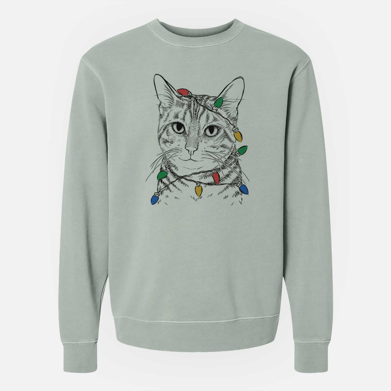 Christmas Lights Nell the Tabby Cat - Unisex Pigment Dyed Crew Sweatshirt