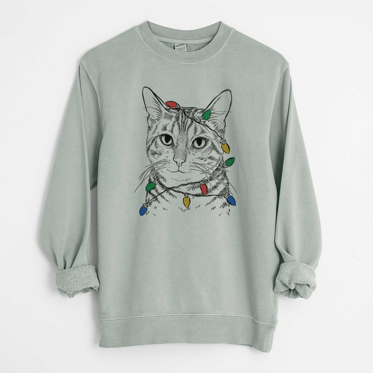 Christmas Lights Nell the Tabby Cat - Unisex Pigment Dyed Crew Sweatshirt