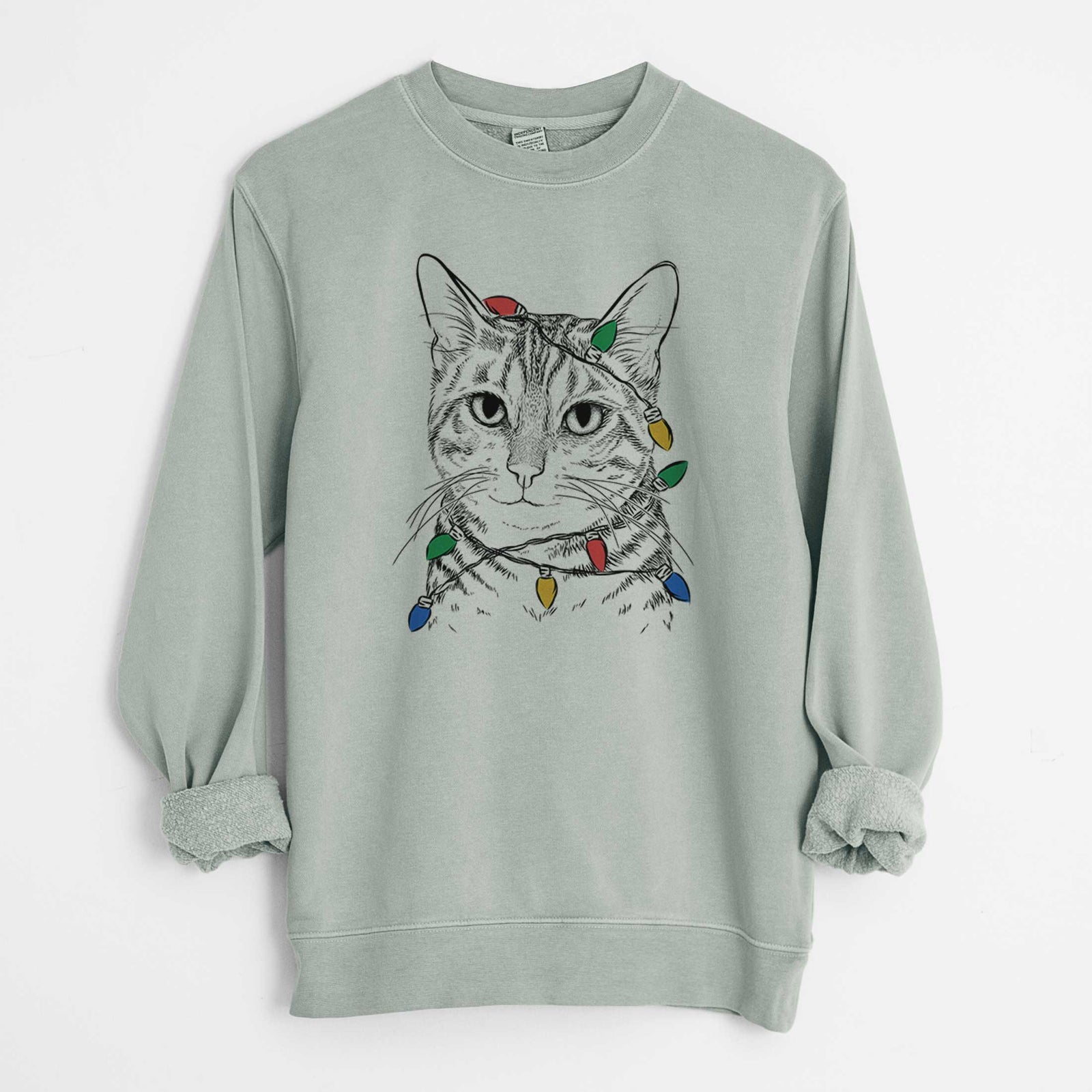 Christmas Lights Nell the Tabby Cat - Unisex Pigment Dyed Crew Sweatshirt