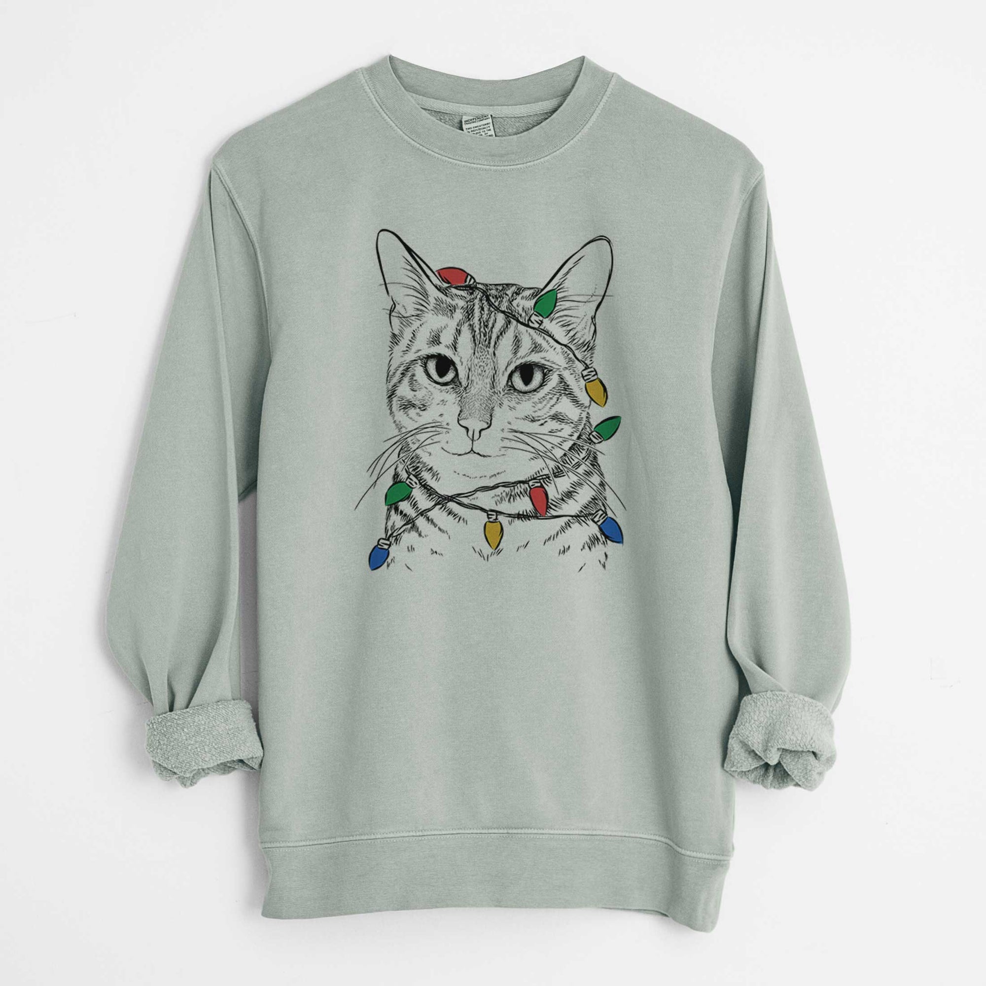 Christmas Lights Nell the Tabby Cat - Unisex Pigment Dyed Crew Sweatshirt