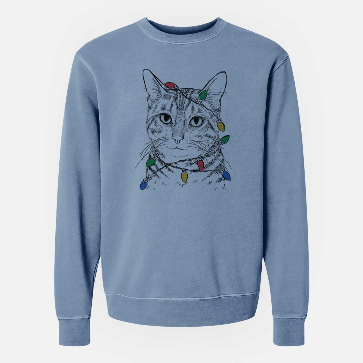 Christmas Lights Nell the Tabby Cat - Unisex Pigment Dyed Crew Sweatshirt