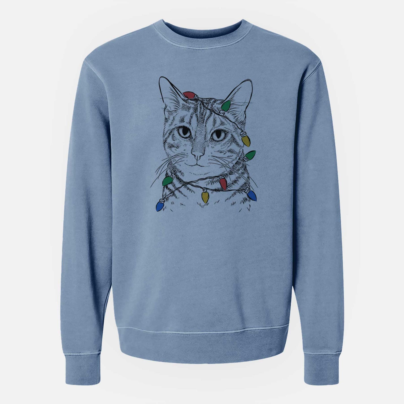 Christmas Lights Nell the Tabby Cat - Unisex Pigment Dyed Crew Sweatshirt