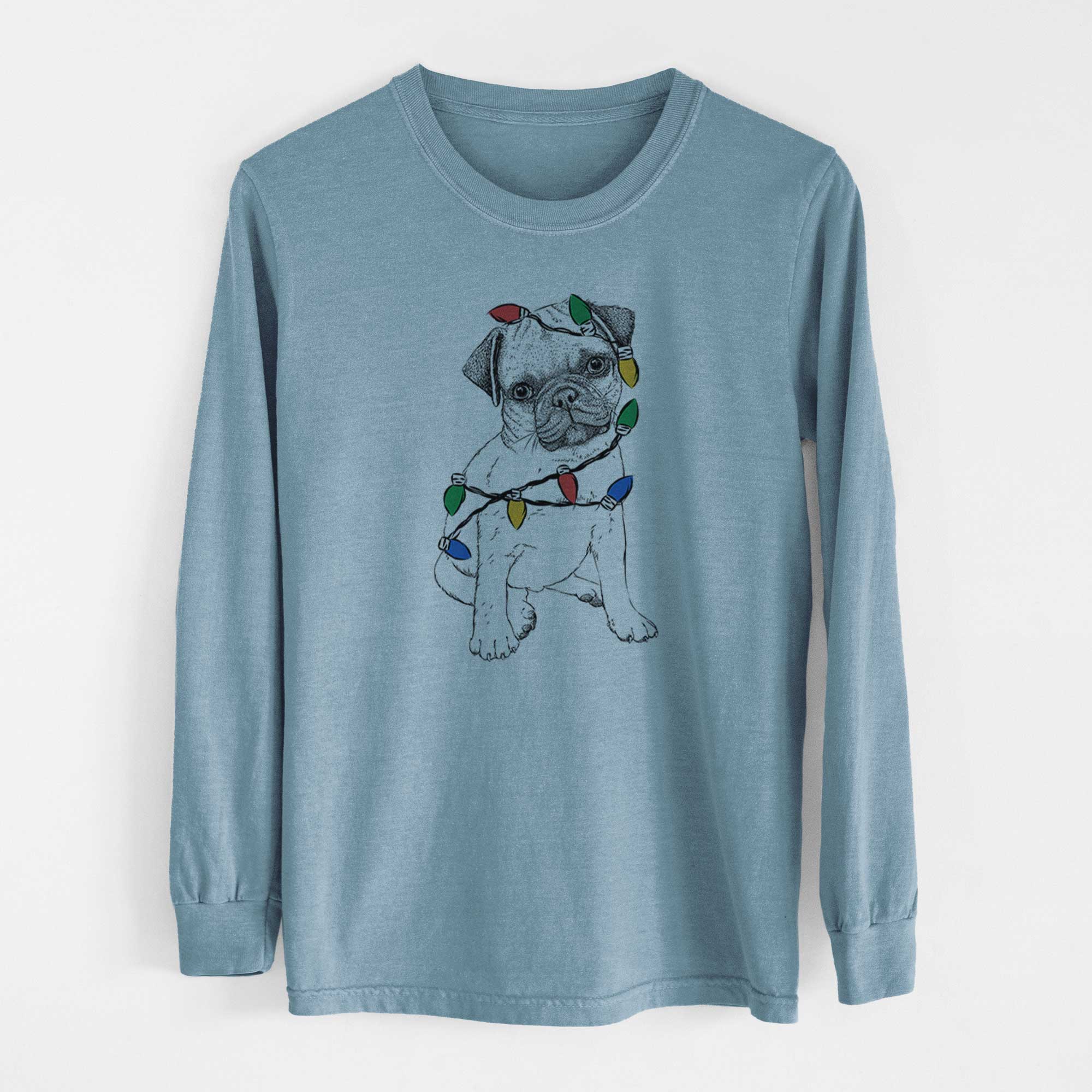 Christmas Lights Nelson the Pug Puppy - Heavyweight 100% Cotton Long Sleeve