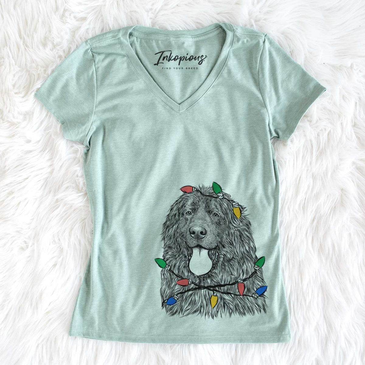 Christmas Lights Neptune the Newfoundland - Women&#39;s V-neck Shirt