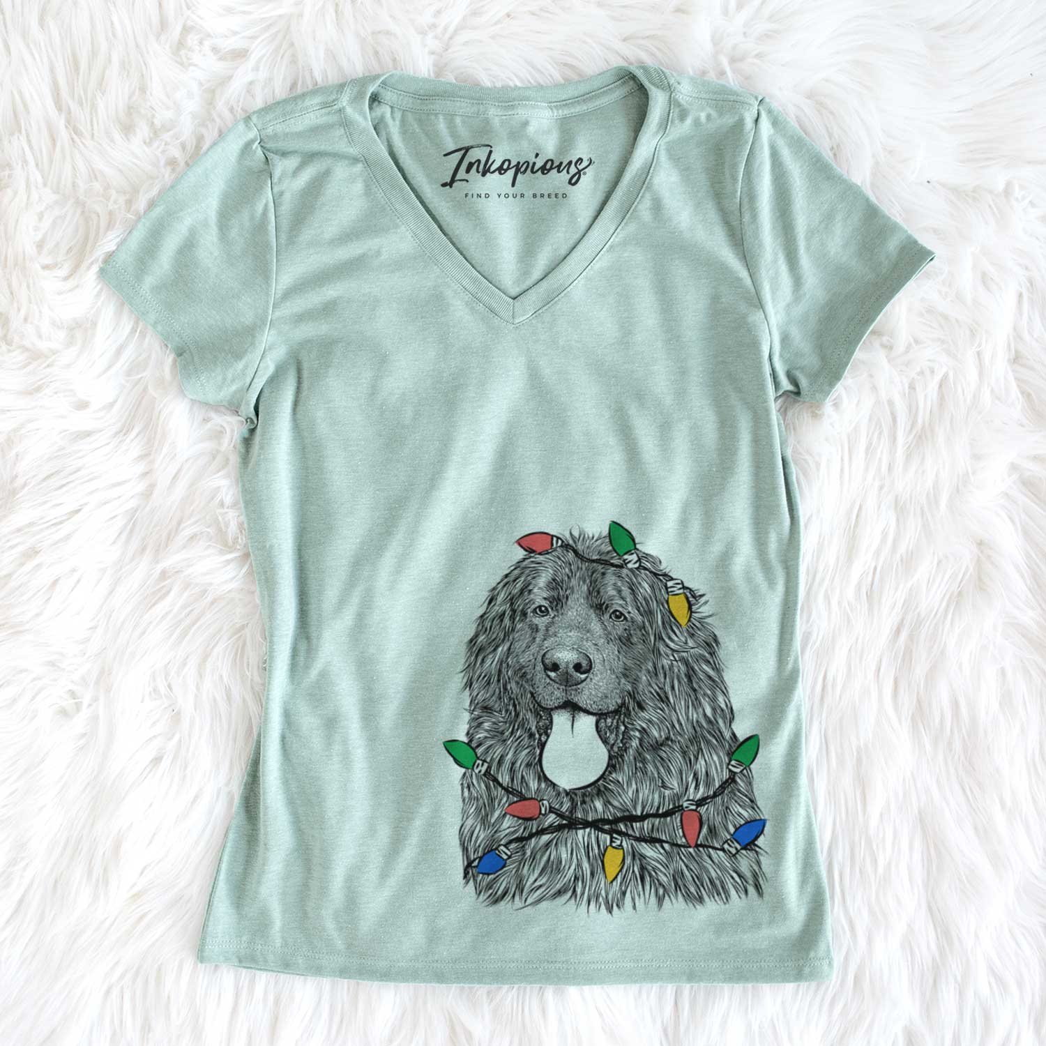 Christmas Lights Neptune the Newfoundland - Women's V-neck Shirt