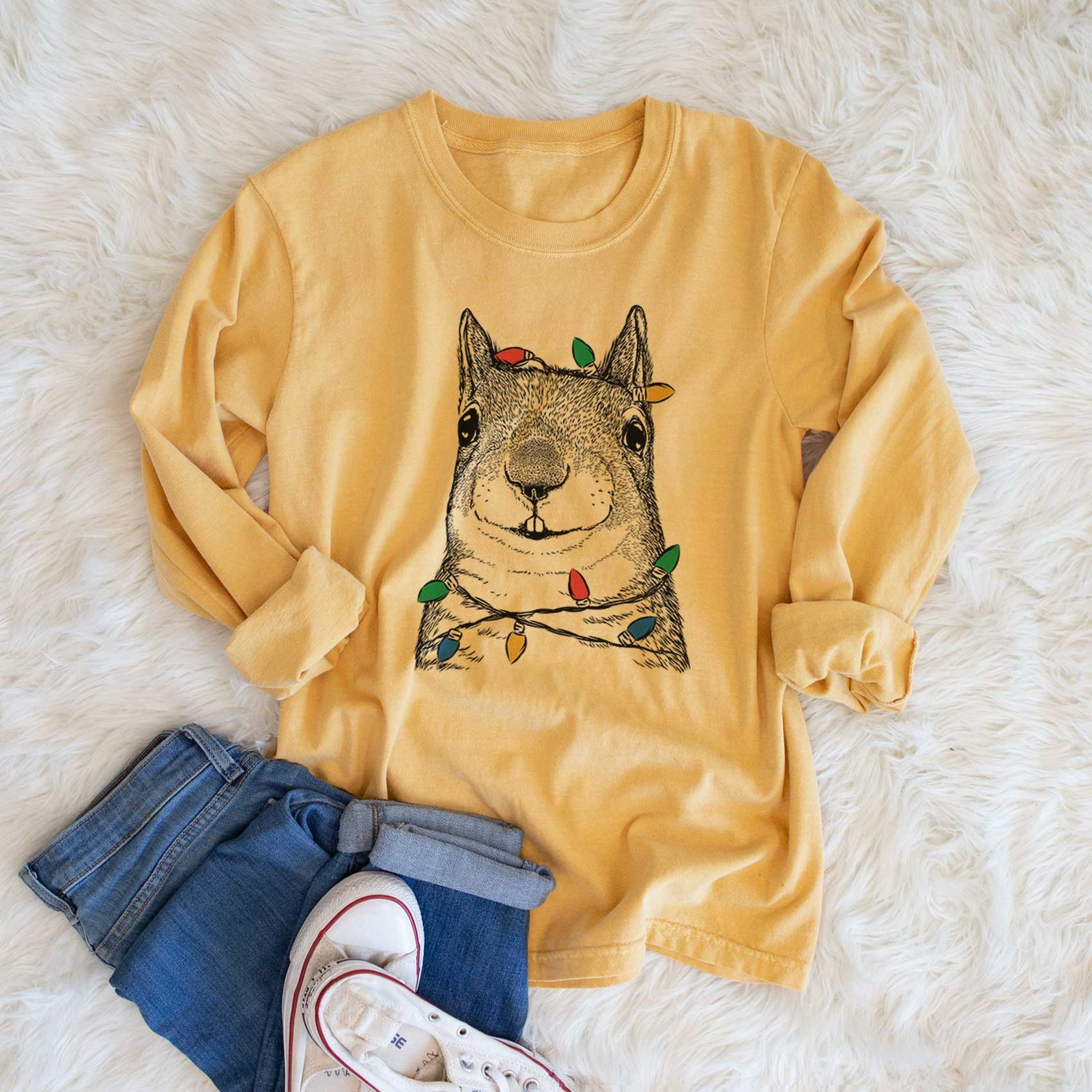 Christmas Lights Nibbles the Squirrel - Heavyweight 100% Cotton Long Sleeve