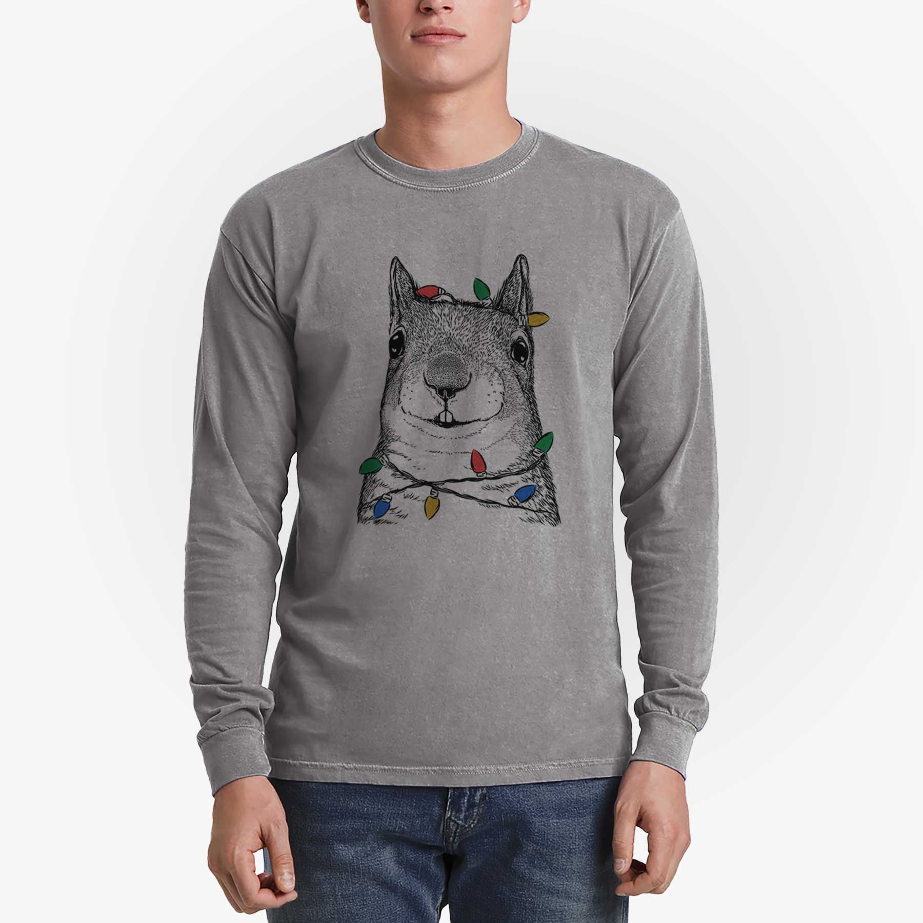 Christmas Lights Nibbles the Squirrel - Heavyweight 100% Cotton Long Sleeve