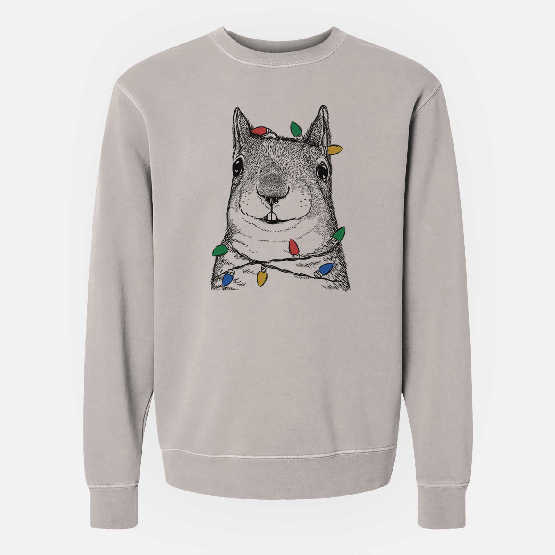 Christmas Lights Nibbles the Squirrel - Unisex Pigment Dyed Crew Sweatshirt