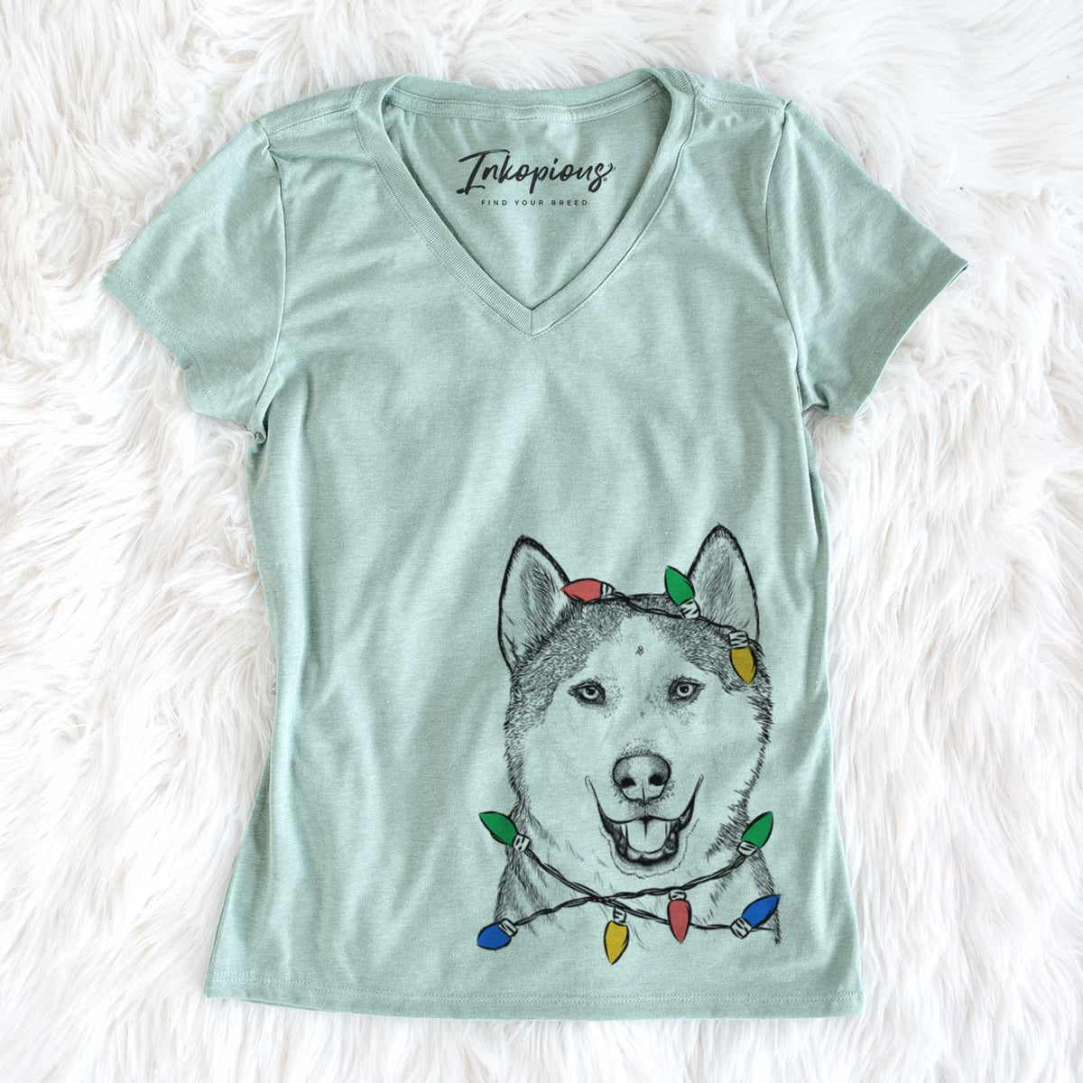 Christmas Lights Nika the Siberian Husky - Women&#39;s V-neck Shirt