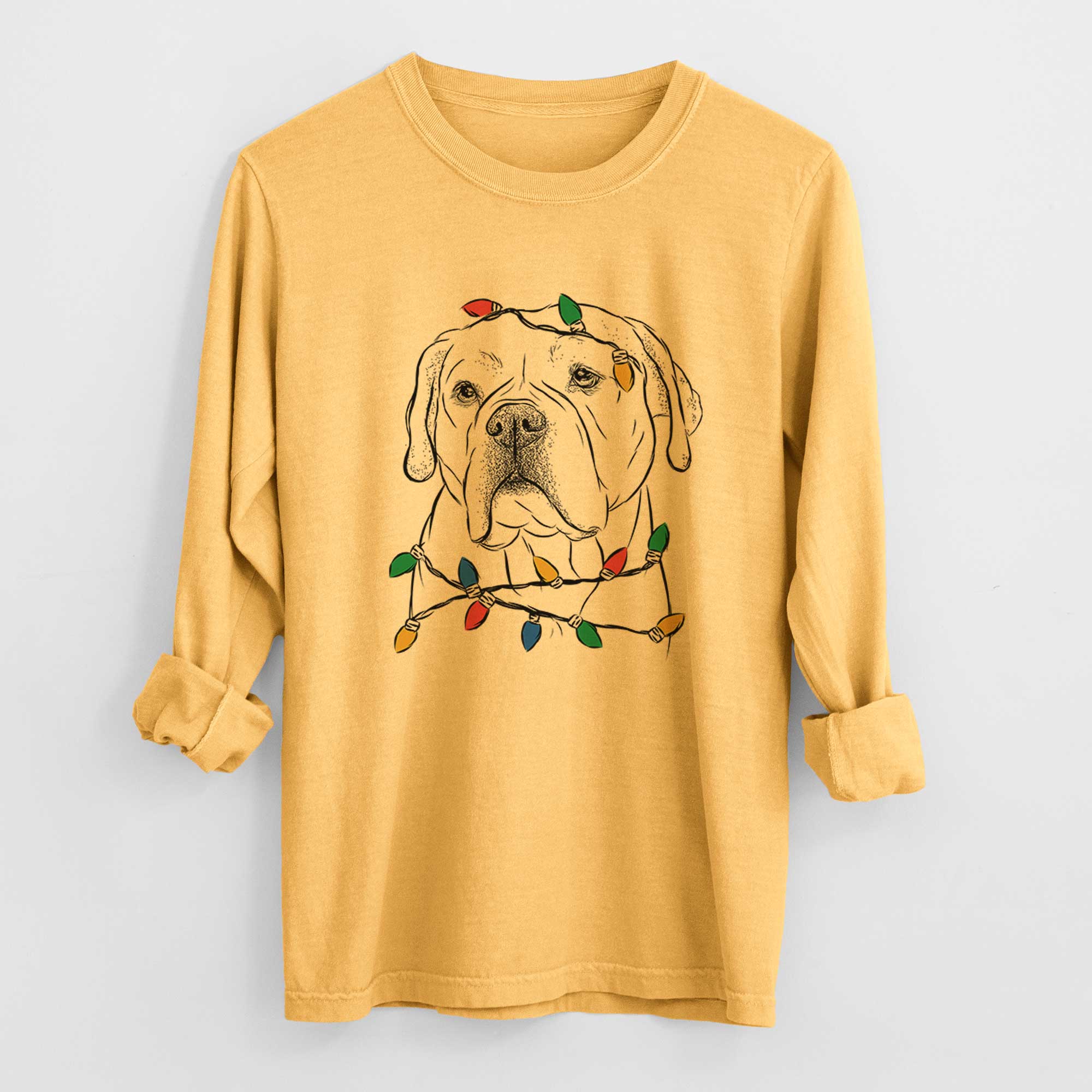 Christmas Lights Nora the American Bulldog Mix - Heavyweight 100% Cotton Long Sleeve