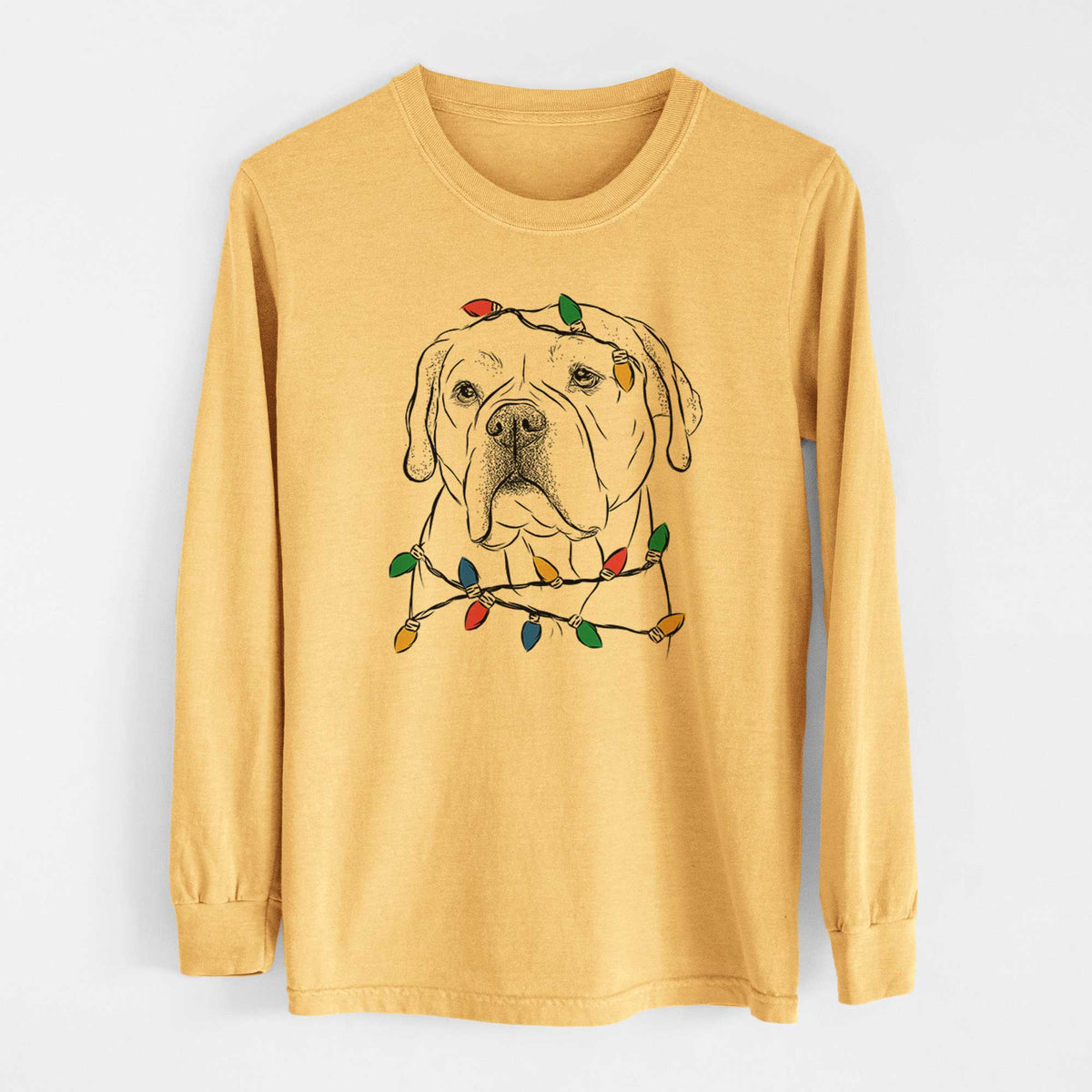 Christmas Lights Nora the American Bulldog Mix - Heavyweight 100% Cotton Long Sleeve