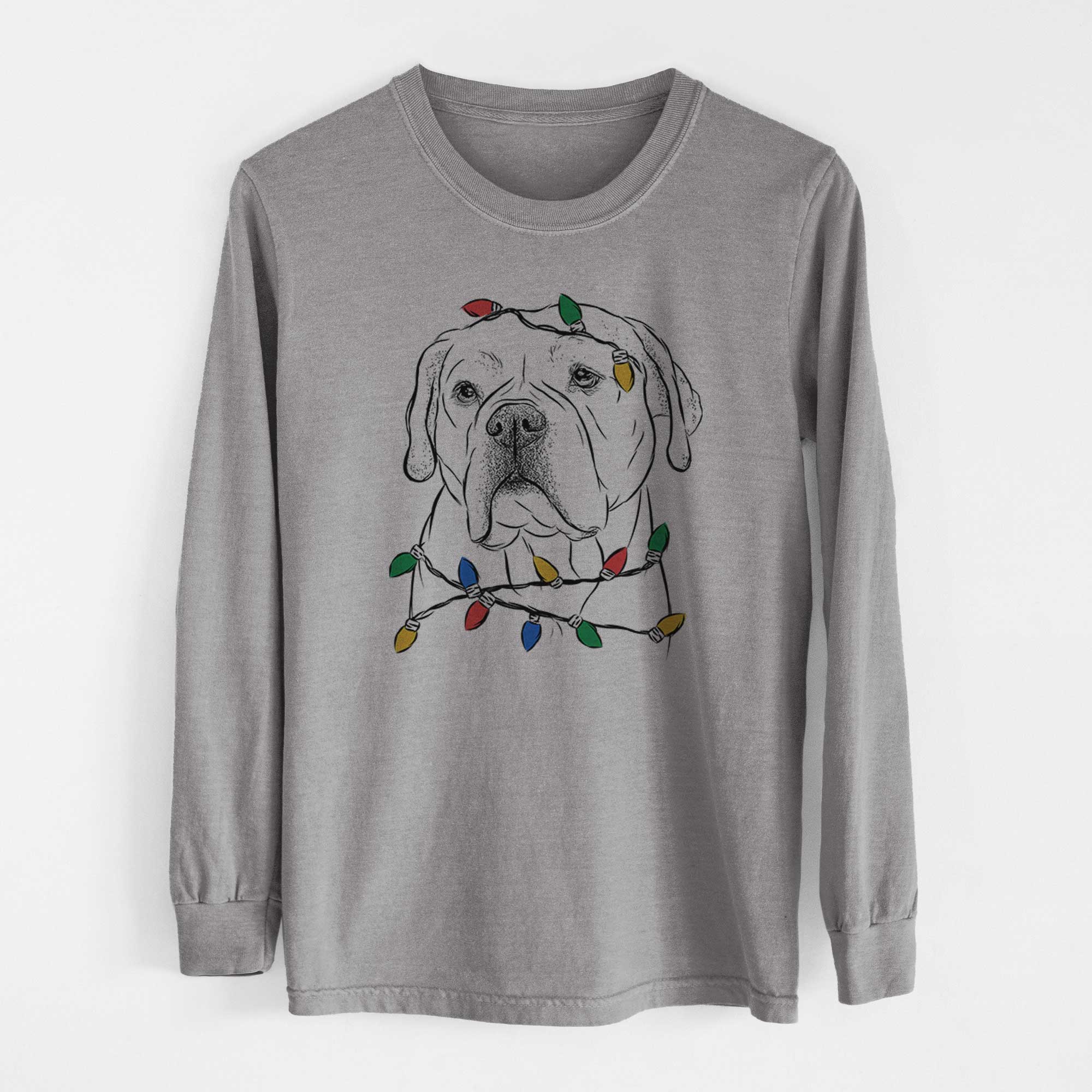 Christmas Lights Nora the American Bulldog Mix - Heavyweight 100% Cotton Long Sleeve