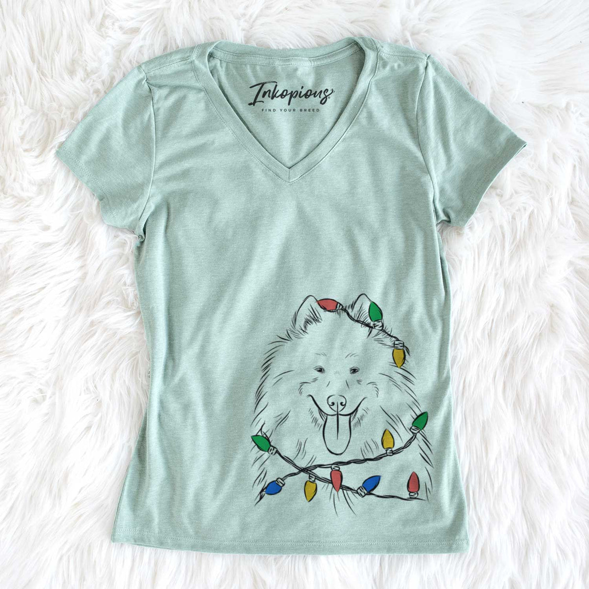 Christmas Lights Nova the Samoyed - Women&#39;s V-neck Shirt