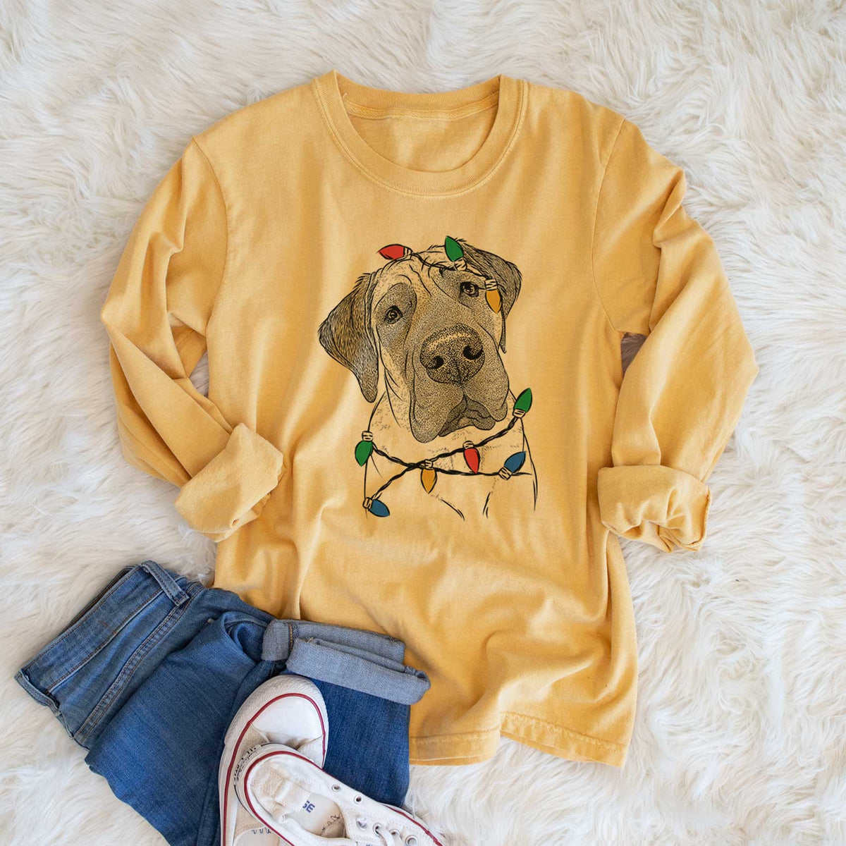 Christmas Lights Nutterbutter the English Mastiff - Heavyweight 100% Cotton Long Sleeve