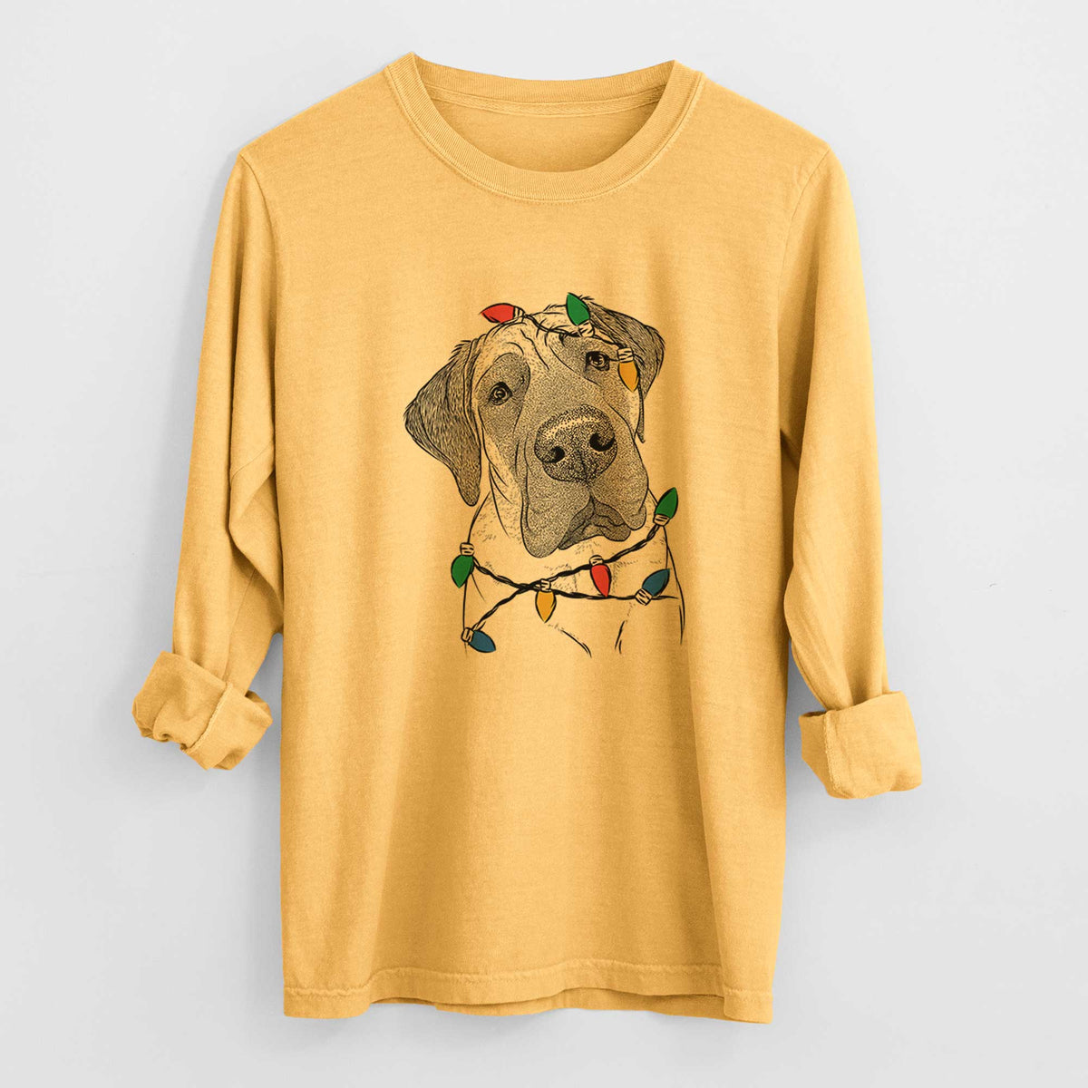 Christmas Lights Nutterbutter the English Mastiff - Heavyweight 100% Cotton Long Sleeve