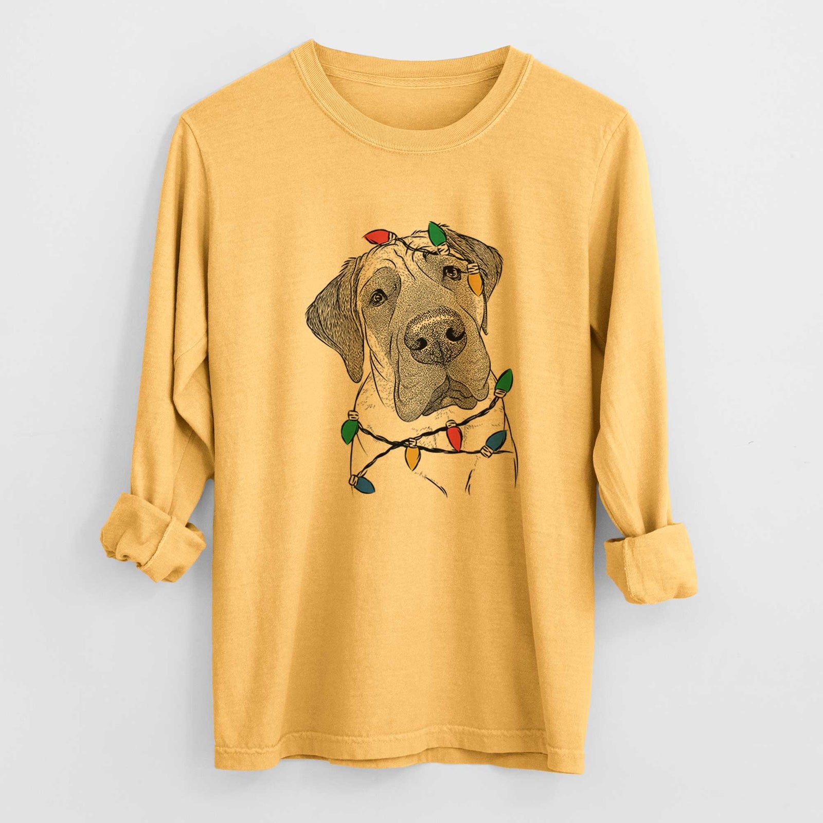 Christmas Lights Nutterbutter the English Mastiff - Heavyweight 100% Cotton Long Sleeve