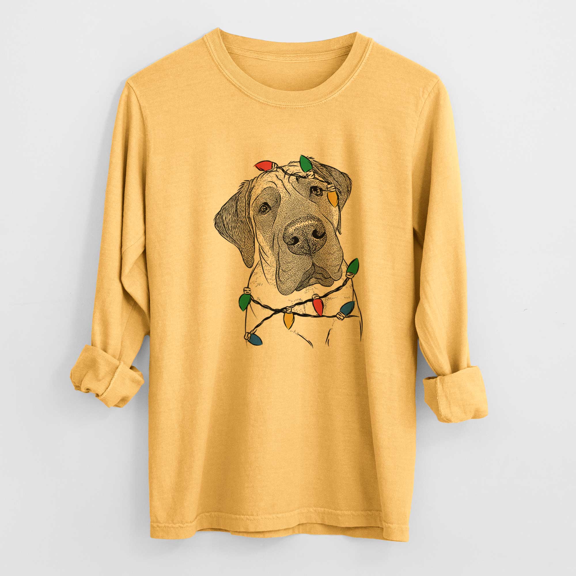 Christmas Lights Nutterbutter the English Mastiff - Heavyweight 100% Cotton Long Sleeve